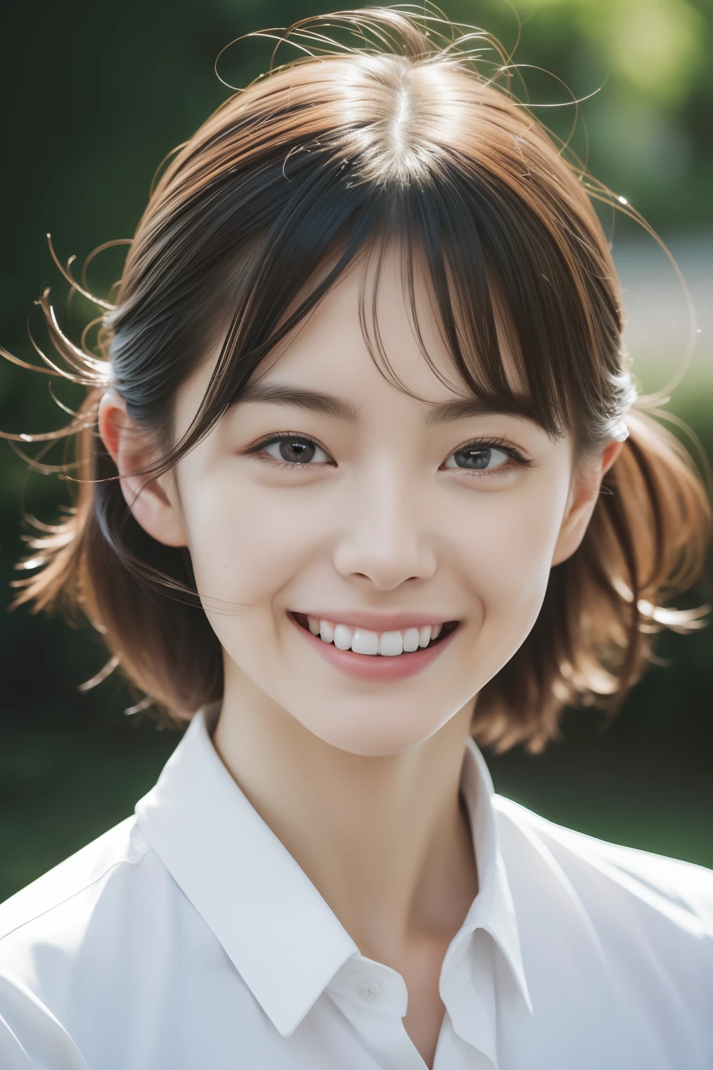 (Realistic, Photorealsitic:1.37),(8K, Raw photo, Best Quality, masutepiece:1.2), Cute, Ultra-detailed,Heart-shaped pupil,Physically-based rendering, 超A high resolution, Kodakvision Color, Shot with Aricum LT camera, Bokeh, Sharp Focus, Looking at Viewer,Photorealistic,Realistic, Solo, Photorealistic, Best Quality,extra detailed face,extremely detailed eye and face, Beautiful detailed eyes,absurderes, unbelievable Ridiculous,haunting smile,hair messy, Floating hair, ,White business suit,Bound waist,
