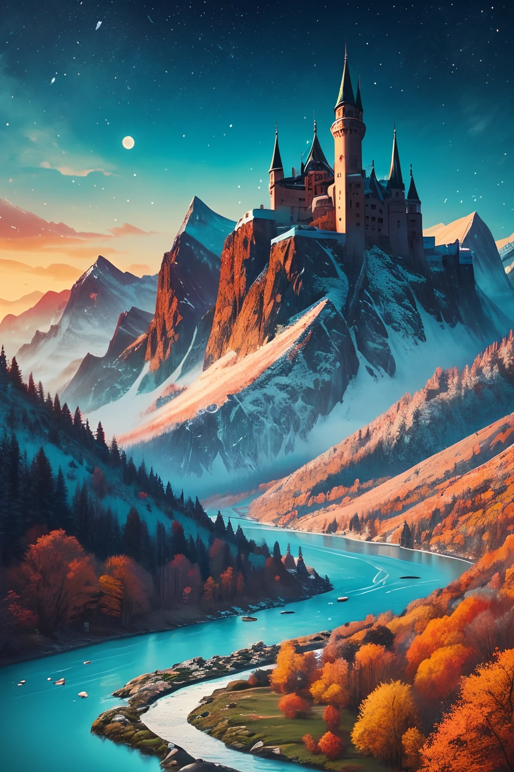 A scenic view of a river flowing through mountains at dawn, snowy peaks with a medieval castle on top, high quality fantasy in turquoise and orange in the style of Wassily Kandinsky, Victo Ngai and Tristan Eaton, beautiful, award winning, vibrant colours, fantastic view, fantasy