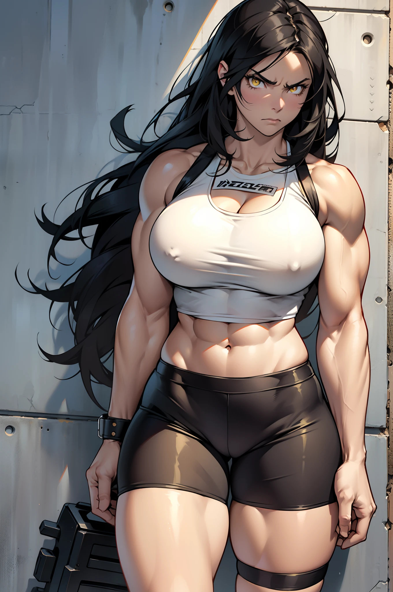 solo, ((1 girl)), very long hair, black hair, angry, yellow eyes, ((((muscular)))), ((huge tits)), ((thick thighs)), ((wide hips)), (cowboy shot), pale skin, tank top, bike shorts, standing, toned body, against wall