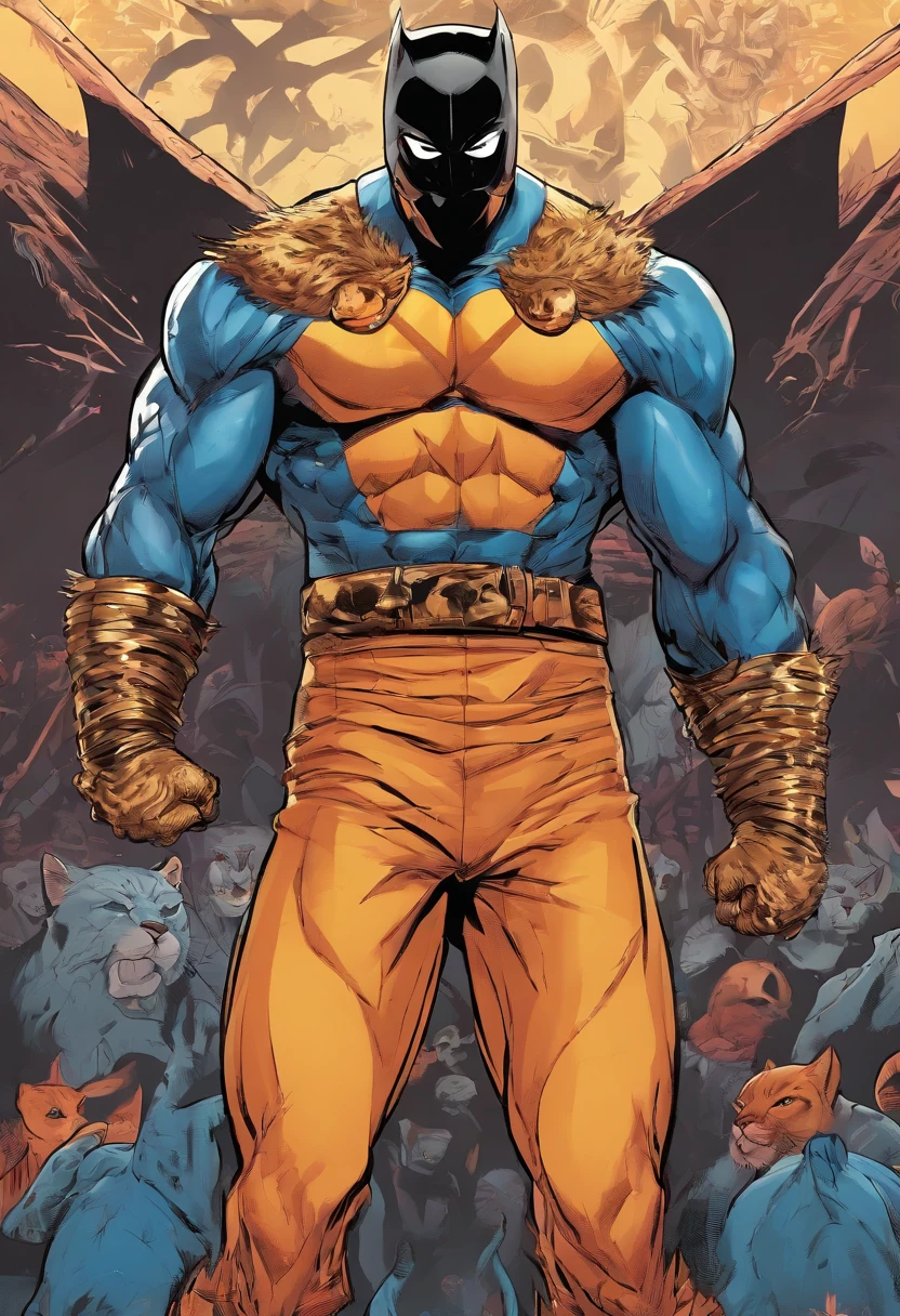 Muscle man with very dark black superhero outfit inspired by felines , wearing a feline mask,Super afiado 4K afiado