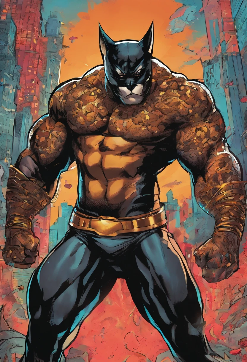 Muscle man with very dark black superhero outfit inspired by felines , wearing a feline mask,Super afiado 4K afiado