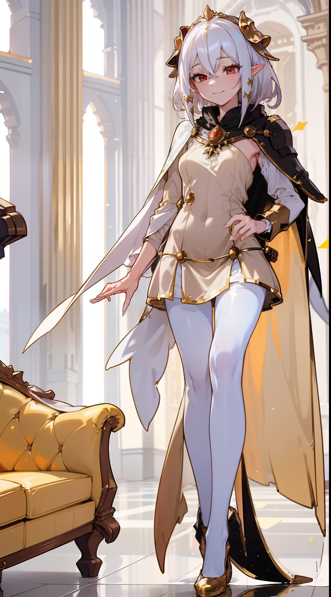 1girl,20 years,solo,happy,white and golden short dress,medium tits,white hair,short hair,red eyes,elves ears,white pantyhose,golde tiara,Detailed ,gold high heels,Luxurious Gold Decoration,(((long cape))),(((walking on a room inside a castle)))