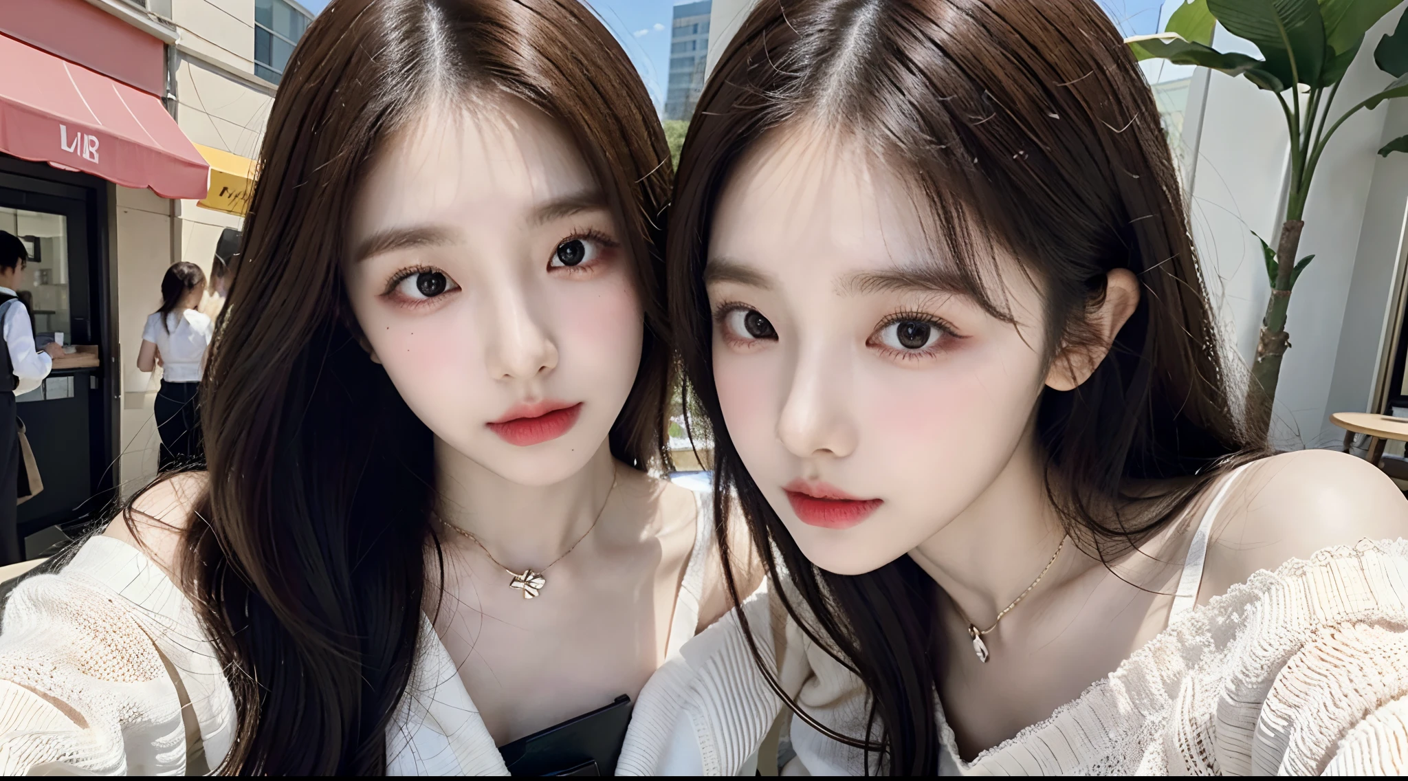 (High-resolution 8K raw photos are realistic,best qualtiy)，Fashion trendy beautiful and charming woman，gentle and charming Chinese beautiful woman，Korea,Kpop idol，delicate and sexy collarbones，charming oval face，二重まぶた，Ingenious[peaches]flower eyes，redish pink lips，small-nose，exposed bare shoulders，focus at face，closeup of face，Hyper-detailing，Blue off-the-shoulder long-sleeved top，White hip wrapped skirt，Light red hair，(cleavage，A half body，Close-up，Solo)，Lace，lacing，head gear， Fresh and impressive， natural color，(pedestrian street，cbd,rays of sunshine，outside，Stone table，LV shoulder bag for women，cellular phone)，Front light