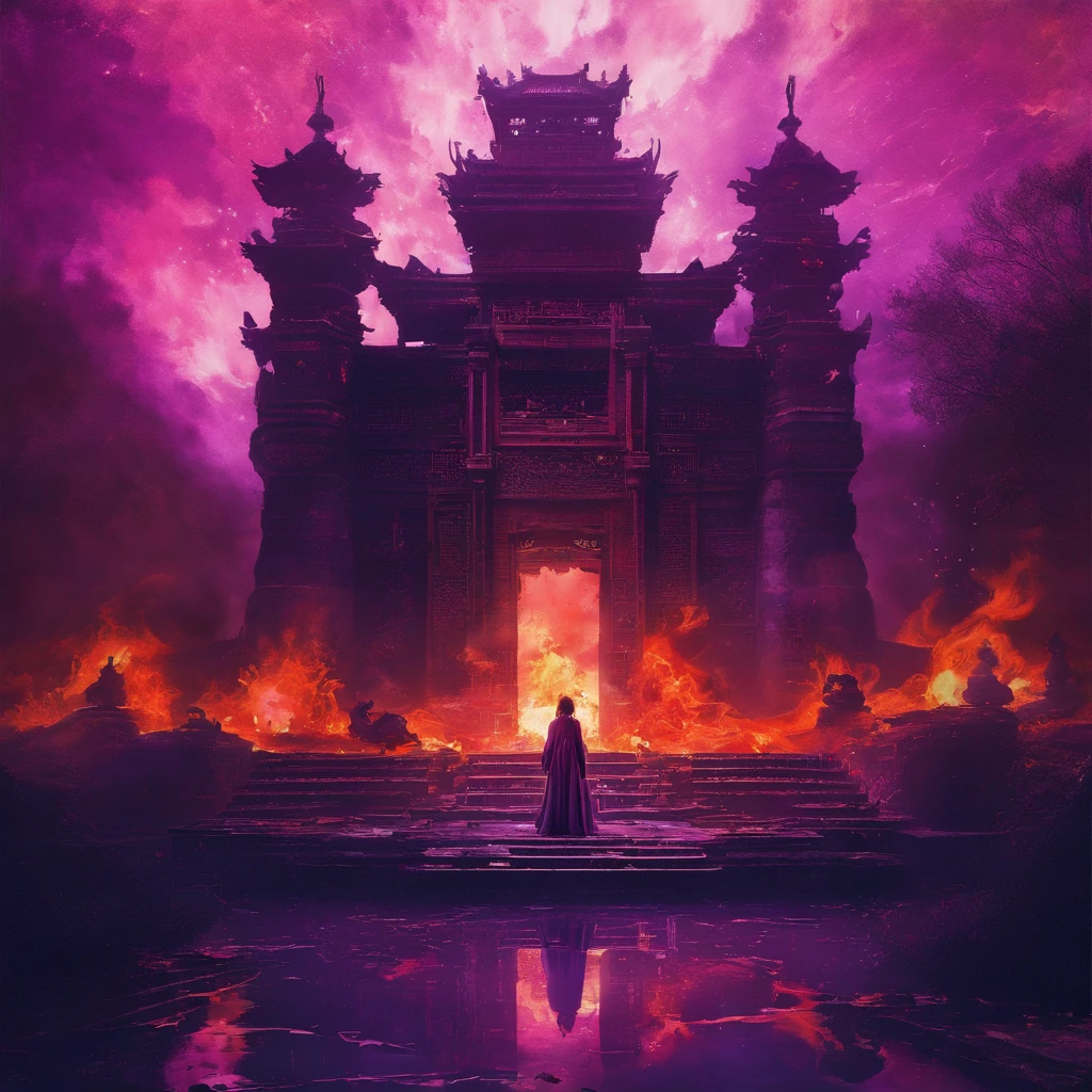 In heavy rain,((A huge castle complex of ancient square-topped stones burning in the fire))The picture quality is excellent,Lightning,Yellow light fog,电影灯光,Natural, realistic colors,Full composition,The style refers to Van Gogh,Subject content,Burning wooden ancient domed stone giant castle game scene 1:60 miniatures,Lightning and lightning,Agate glass texture 32K(tmasterpiece,k hd,hyper HD,32K)Long flowing bright purple hair,Autumn Pond,zydink, a color, Asian people (Kizi), (Red scarf), Combat posture, looking at the ground, long whitr hair, Floating bright purple, Fire cloud pattern gold tiara, Chinese long-sleeved gold silk garment, (abstract ink splash:1.2), white backgrounid,Lotus protector(realisticlying:1.4),Bright purple hair,Smoke on the road,The background is pure, A high resolution, the detail, RAW photogr, Sharp Re, Nikon D850 Film Stock Photo by Jefferies Lee 4 Kodak Portra 400 Camera F1.6 shots, Rich colors, ultra-realistic vivid textures, Dramatic lighting, Unreal Engine Art Station Trend, cinestir 800,Long flowing bright purple hair