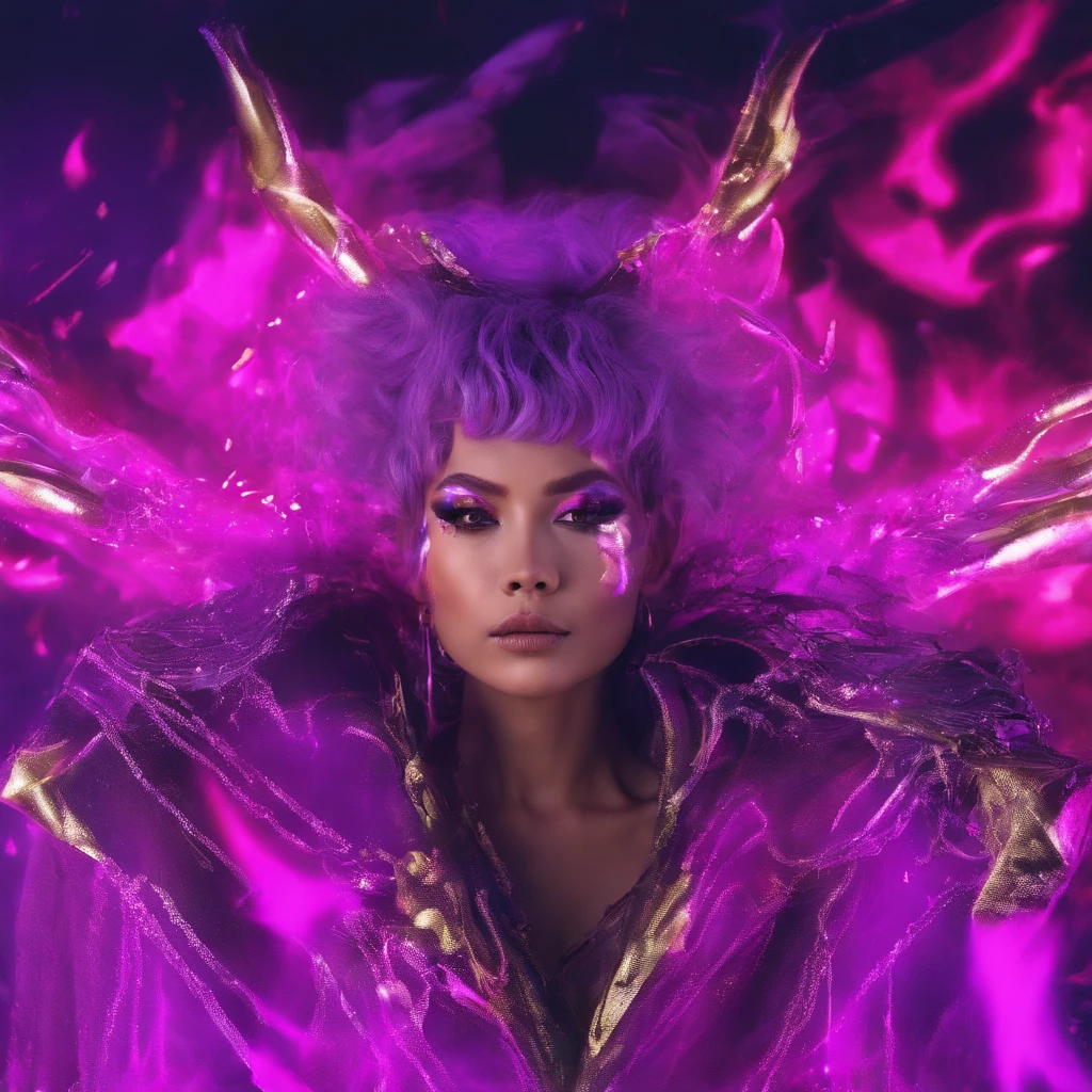 Lunar soil 32K（tmasterpiece，k hd，hyper HD，32K）Short flowing bright purple hair，Snow in winter，zydink， a color， Ancient Ascension （Female devil）， （Blood-colored scarf）， Combat posture， looking at the ground， short detailed hair， Floating bright purple， Flame pattern gold tiara， Chinese long-sleeved gold silk garment， （Abstract snowflakes flying：1.2）， white backgrounid，Lotus protector（realisticlying：1.4），Bright purple hair，Smoke on the road，The background is pure， A high resolution， the detail， RAW photogr， Sharp Re， Nikon D850 Film Stock Photo by Jefferies Lee 4 Kodak Portra 400 Camera F1.6 shots, Rich colors, ultra-realistic vivid textures, Dramatic lighting, Unreal Engine Art Station Trend, cinestir 800，Short flowing bright purple hair
