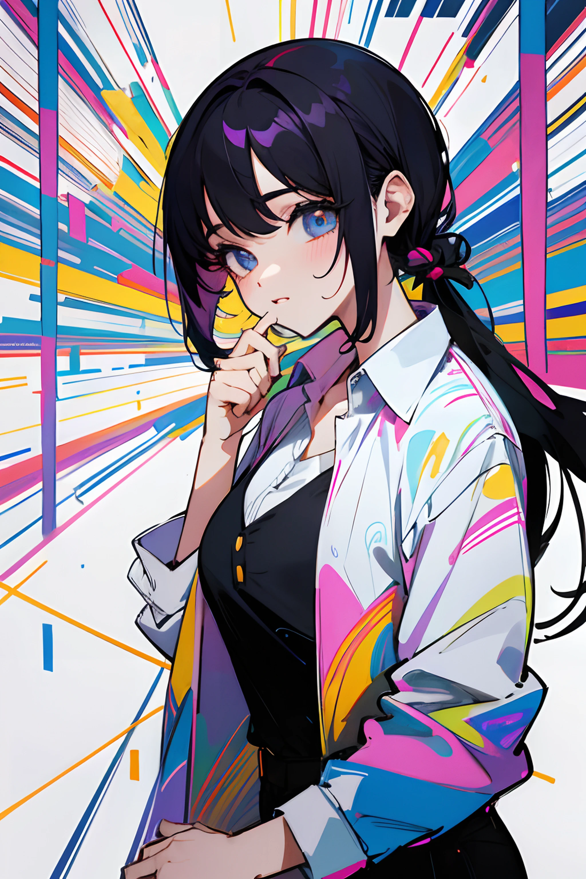 1girl, camisa manga larga, black pant, sentada, Las mejores sombras,  (highest qualityr, Detalles asombrosos:1.25),  Pinturas coloridas brillantes, Arte lineal