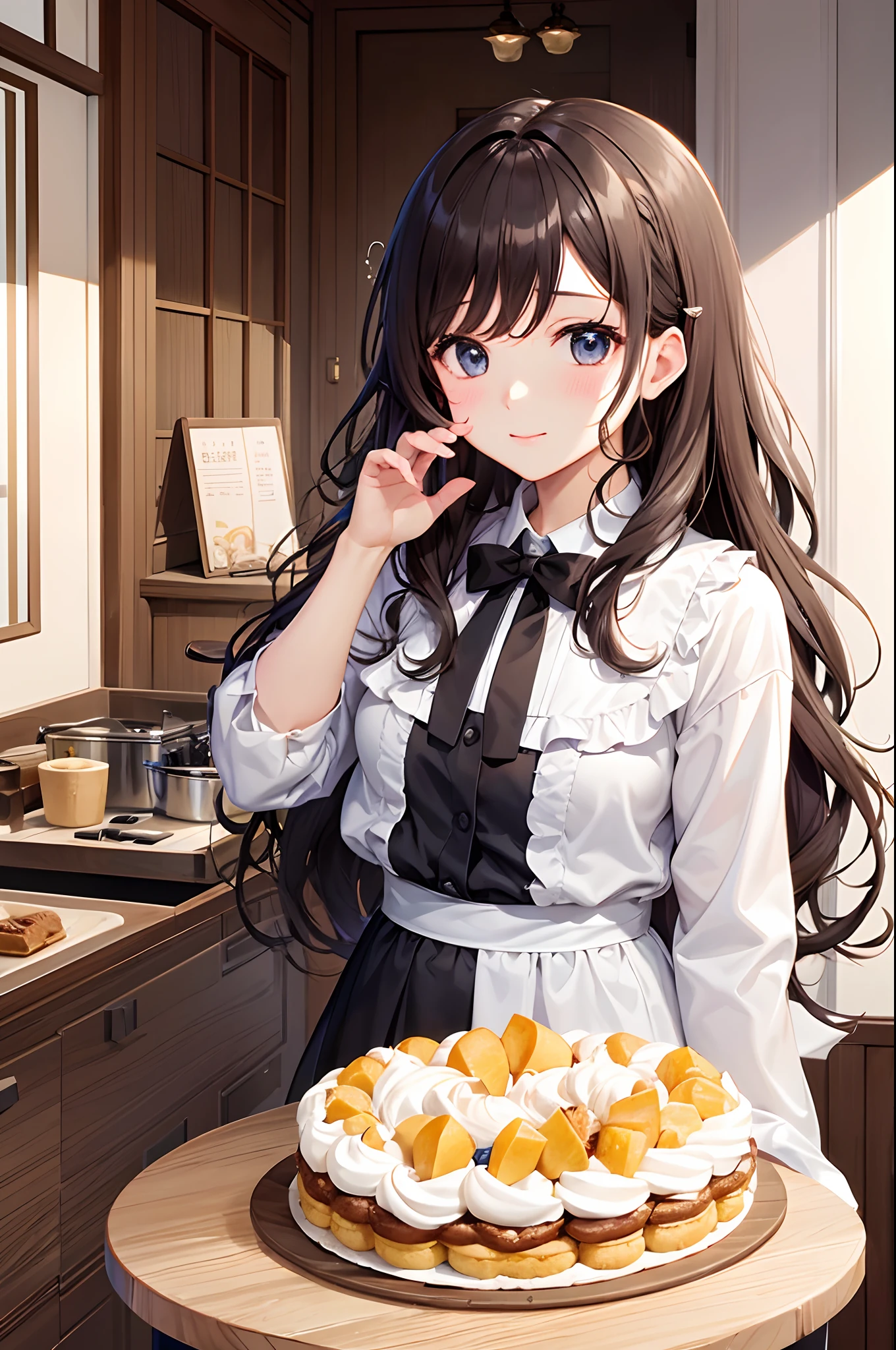 Anime girl with long hair holding a plate of food in a kitchen - SeaArt AI