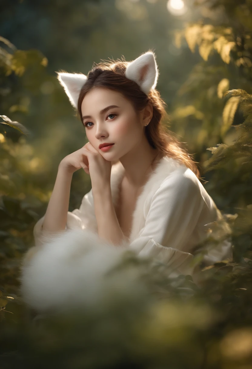 Professional high quality photos, 4K 分辨率, Capture one in fluffy white pajamas in realistic detail,Charming girl with ears and foxtail. She sat in the middle of the enchanted forest, Every element is depicted flawlessly. The texture of the pajamas, The ears and tail are sharp and palpable. The sun falls on the leaves,Gently illuminate the girl's face, Highlight every delicate and charming expression
