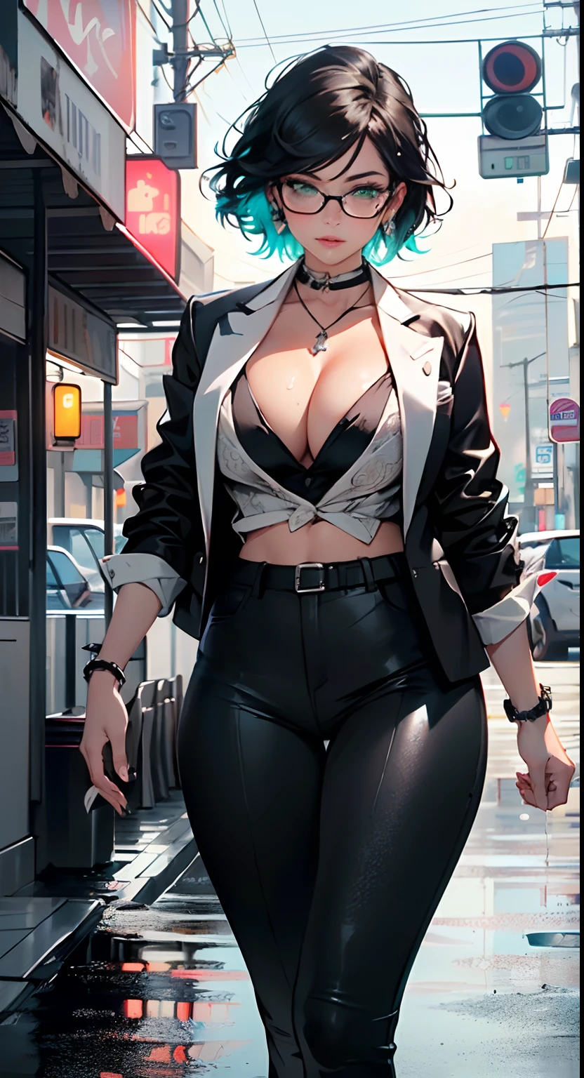 cute girl,(((1girl))),((girl with extremely cute and beautiful black hair)),
(Large breasts:1.4),(((black hair:1.35,colored inner hair,ear breathing,large hair,tomboy haircut))),(((green eyes))),intricate eyes,beautiful detailed eyes,symmetrical eyes,((fat)),((lustrous skin:1.5,bright skin: 1.5,skin tanned,shiny skin,very shiny skin,shiny body,plastic glitter skin,exaggerated shiny skin,illuminated skin,wet legs))),(spider lower abdomen,narrow waist,wide hip,athletic body,inflated legs,delicate detailed fingers,detailed body,human hands,(detailed face)),
cute,slutty,seductive,erotic,(((nsfw))),
((((glasses)))),(((wearing white formal blazer,black formal pants,))),(((huge cleavage))),((wet clothes,intricate outfit,intricate clothes)),
(dynamic pose:1.0),solo focus,embarrassed,(centered,scale to fit dimensions,Rule of thirds),
cyberpunk city by the ocean at night, with bright neon signs and dark stormy clouds and puddles, scenery:1.25,
highres, sharp focus, (ultra detailed, extremely detailed), (photorealistic artwork:1.37),(extremely detailed CG unity 8k wallpaper),((synthwave background theme)),(((vibrant colors))),(intricate background),(masterpiece),(best quality),