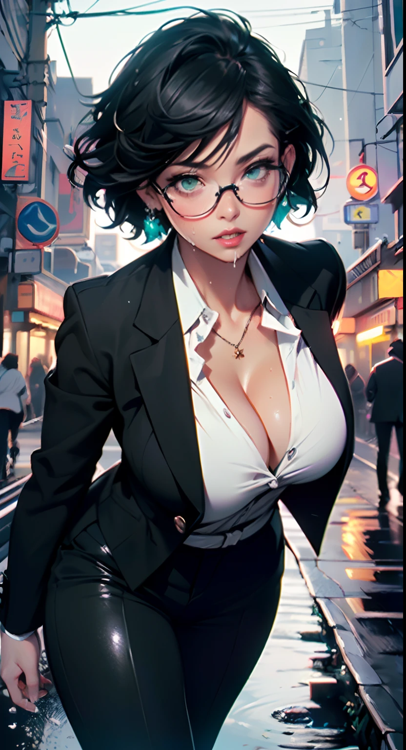 cute girl,(((1girl))),((girl with extremely cute and beautiful black hair)),
(Large breasts:1.4),(((black hair:1.35,colored inner hair,ear breathing,large hair,tomboy haircut))),(((green eyes))),intricate eyes,beautiful detailed eyes,symmetrical eyes,((fat)),((lustrous skin:1.5,bright skin: 1.5,skin tanned,shiny skin,very shiny skin,shiny body,plastic glitter skin,exaggerated shiny skin,illuminated skin,wet legs))),(spider lower abdomen,narrow waist,wide hip,athletic body,inflated legs,delicate detailed fingers,detailed body,human hands,(detailed face)),
cute,slutty,seductive,erotic,(((nsfw))),
((((glasses)))),(((wearing white formal blazer,black formal pants,))),(((huge cleavage))),((wet clothes,intricate outfit,intricate clothes)),
(dynamic pose:1.0),solo focus,embarrassed,(centered,scale to fit dimensions,Rule of thirds),
cyberpunk city by the ocean at night, with bright neon signs and dark stormy clouds and puddles, scenery:1.25,
highres, sharp focus, (ultra detailed, extremely detailed), (photorealistic artwork:1.37),(extremely detailed CG unity 8k wallpaper),((synthwave background theme)),(((vibrant colors))),(intricate background),(masterpiece),(best quality),