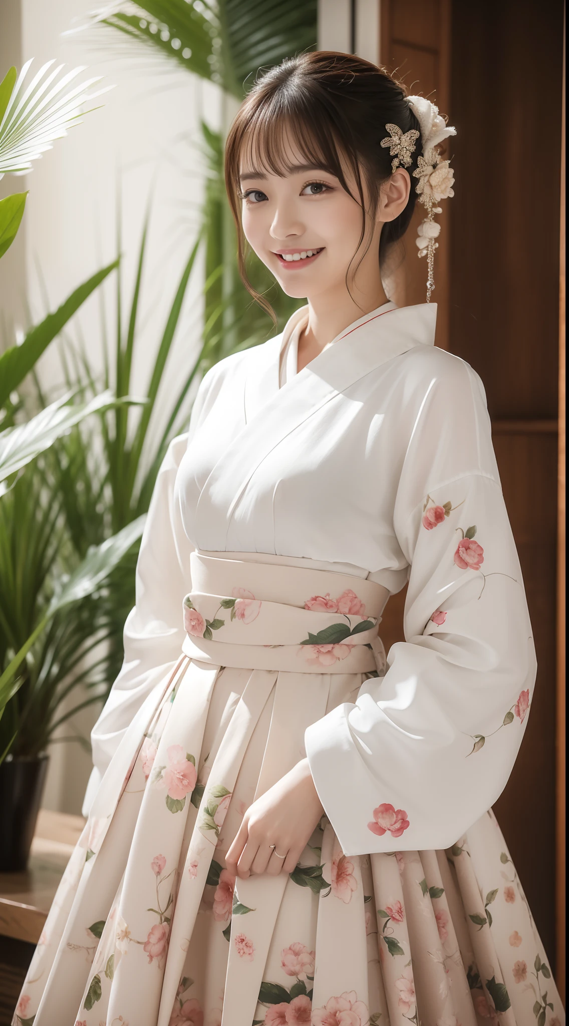 22-year-old girl、Furisode、Flashy pattern、cafes、A smile、Beautuful Women、((top-quality、8K、masterpiece:1.3))、foco nítido:1.2、An ultra-high picture quality、top-quality、masterpiece、natural soft light、The upper part of the body