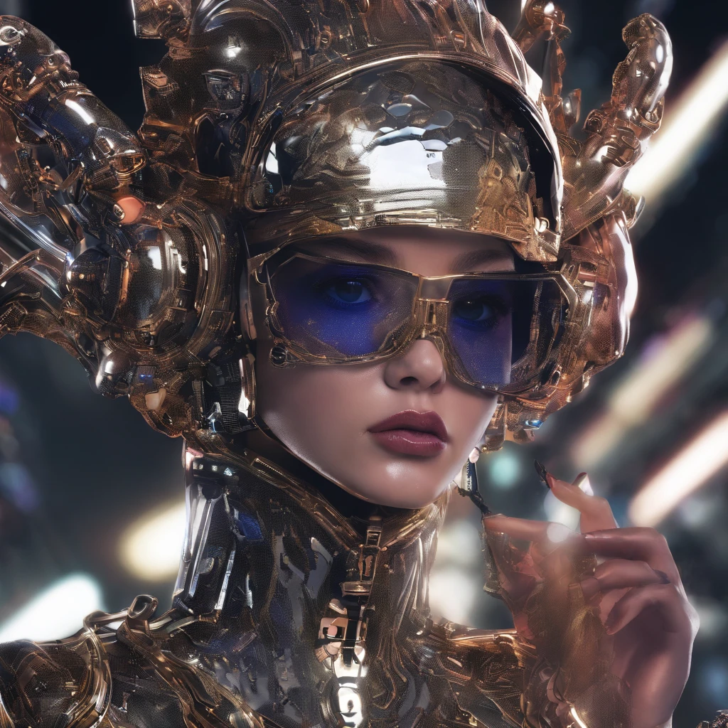 Powerpuff cute girl burgundy constellation,Asian Skull Black Gold Silk Armor Tulle Cyberpunk Space Station 1:900 miniatures,the sideview,Pure transparency,full bodyesbian,Ice is permeable to gas,Film light and shadow,Panorama ultra-wide angle,extremely happy,Silica gel texture is delicate,Strong visual impact,hyper-detailing,Dream girl,Refined face,prettyeyes,high saturated,Wear gold wire-rimmed reflective sunglasses,crystal-clear,Good sense of perspective,Light and shadow effects,16K smooth,Surface reflected light