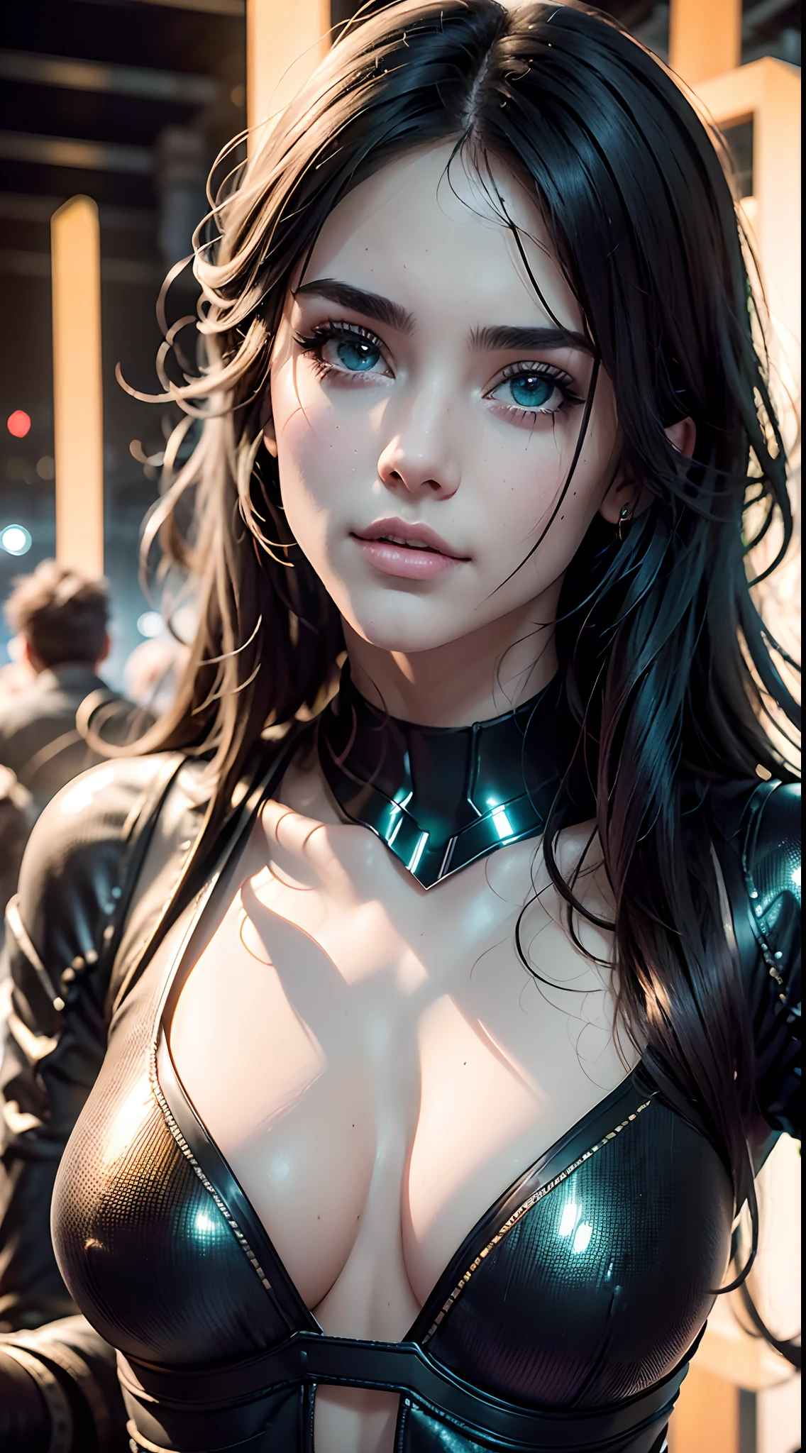 ((A beautiful girl holding a cell phone)), high resolusion (4k, 8k), con un estilo realista, y un ambiente cyberpunk. pelo blanco puro, pelo corto, ojos verdes intensos, The image must have a high level of detail and a quality score of 1.2,(cinematic light: 1.1), DSLR, alta calidad, Trazado de rayos, NVIDIA RTX, Super-Resolution, Film grain, foco nítido: 1. 2, ((cabello voluminoso completo)),  Lighting should be temperamental and futuristic. escenario detallado, reflejos de neon en la escena, suelo mojado,