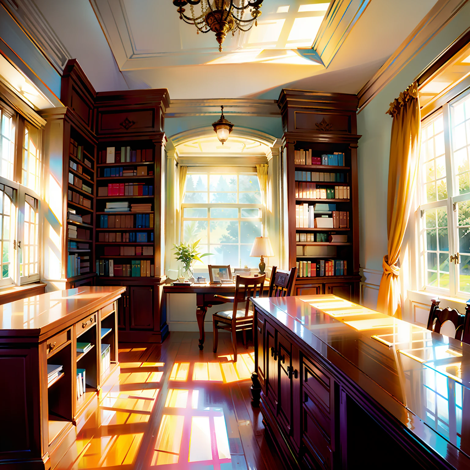 libraryai,Bright lights,cold shades,Off-white predominantly,White bookshelves full of books,Long white table,Sunlight pouring in from the window,High-definition large image,A high resolution