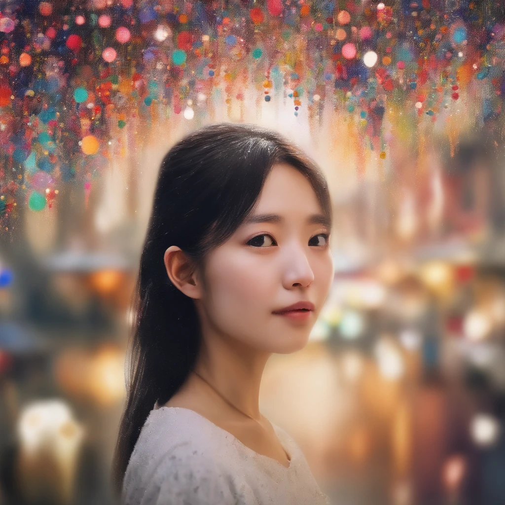 (best quality,masterpiece:1.2), Soft focus, Bright gradient watercolor, Dreamy, White background, Girl, Kyoto shops.