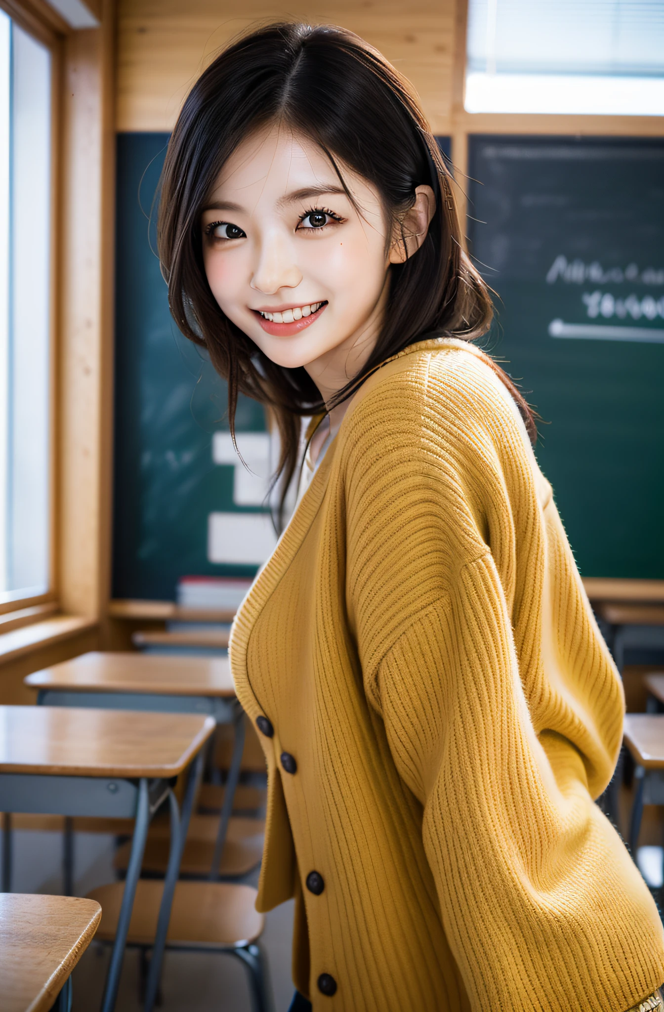 Content: Realistic image of Eri Kamei dressed as a teacher in the classroom. She stands near the blackboard with a warm and friendly smile, Show off her white teeth. Classrooms are well organized, Reflects a typical Japan middle school enviwooden desks and chairs, Front blackboard.
Medium: Photography, Hyper-realistic.
Style: The style is、Should be influenced by the naturalism found in the work of photographer Andreas Gursky, Particular about high detail and rich texture. The image should evoke warmth and friendliness, Similar to the work of Norman Rockwell, Immerse yourself in the aesthetics of modern Japan pop culture.
Lighting: Filter natural light through windows, Creates a soft and warm atmosphere、The characteristics of Eri Kamei are elegantly emphasized.
Colors: Take advantage of a vibrant yet natural color palette, Emphasis on warm tones、Create a welcoming and nurturing environment.
Composition: Use a Canon EOS R5 camera with a 50mm lens, 16 ensures high-resolution 16K images:9 aspect ratio. Must be filmed from a perspective that encompasses both Eri Kamei and the classroom environment, Showcase a harmonious blend of subject matter and setting.
--ar 16:9 - V5.1 --Style raw --Q 2 --S 750