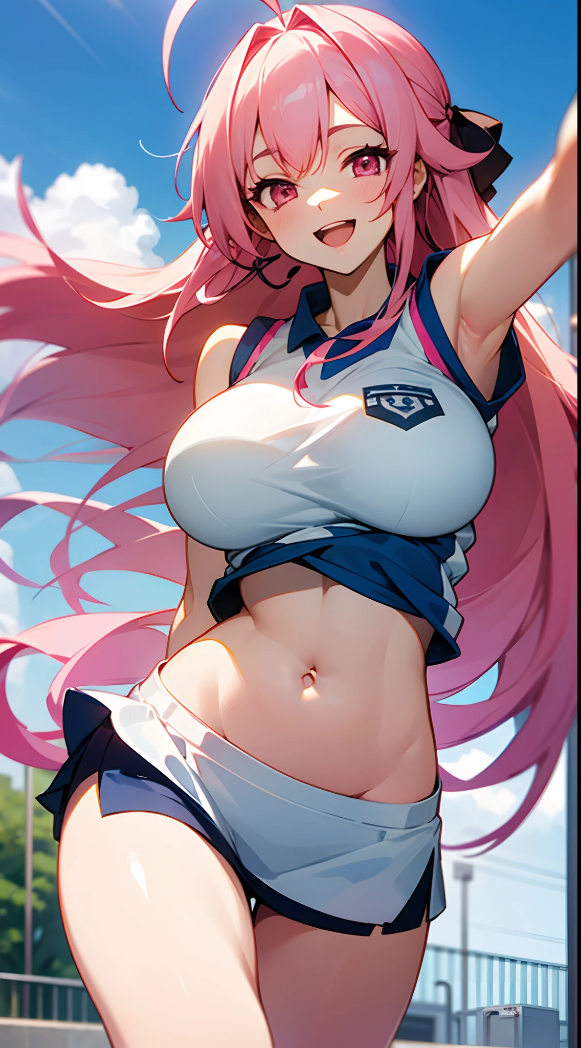 1 girl, game CG, sleeveless blue gym uniform, belly button visible, short skirt, hair ribbon, gigantic breasts, pink hair, long hair, straight hair, ahoge, pink eyes, outdoors, smiling, opening mouth, raising one arm,