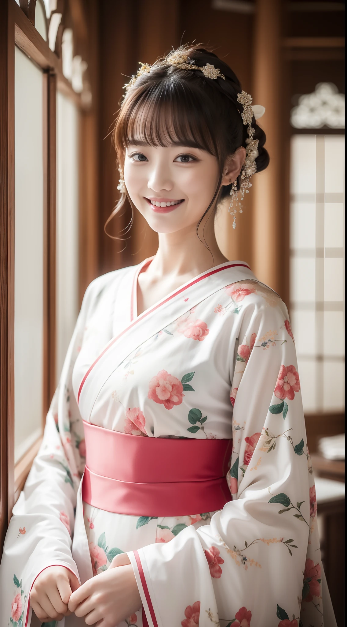 22-year-old girl、Furisode、Flashy pattern、cafes、A smile、Beautuful Women、((top-quality、8K、masterpiece:1.3))、foco nítido:1.2、An ultra-high picture quality、top-quality、masterpiece、natural soft light、The upper part of the body