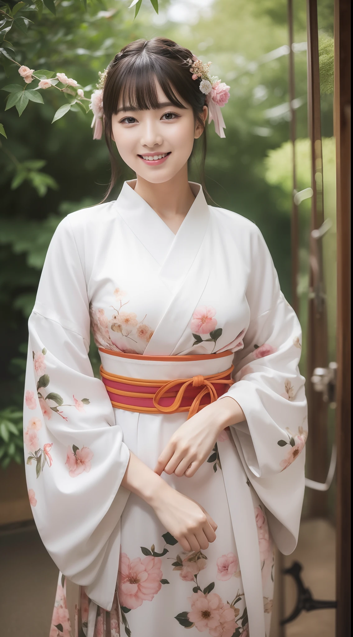 22-year-old girl、Furisode、Flashy pattern、cafes、A smile、Beautuful Women、((top-quality、8K、masterpiece:1.3))、foco nítido:1.2、An ultra-high picture quality、top-quality、masterpiece、natural soft light、The upper part of the body
