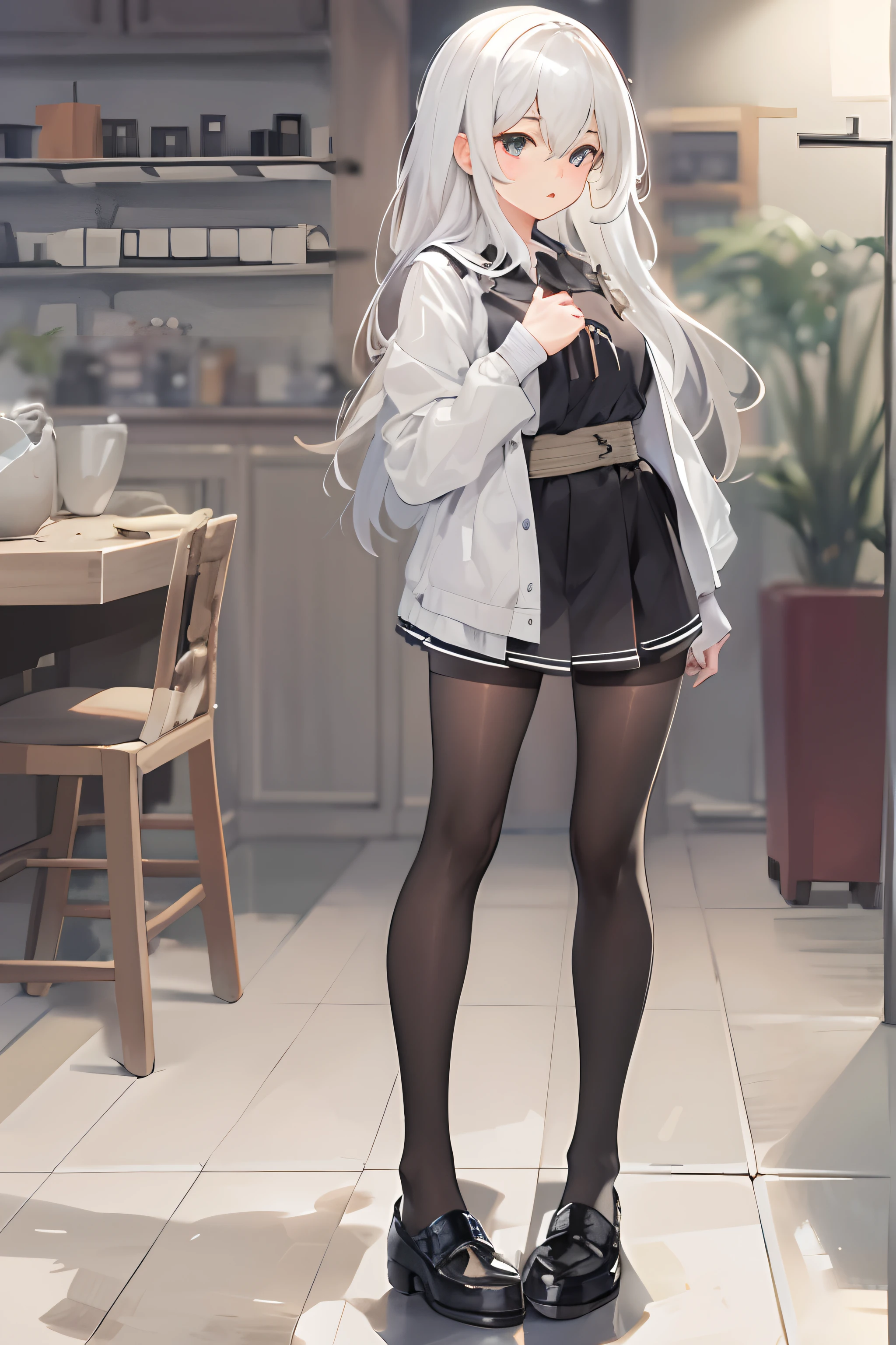 ,Single 1 girl,looks away,are standing,Fleshy legs,black lence stockings,embarressed,is shy,Keep one's mouth shut,white backgrounid