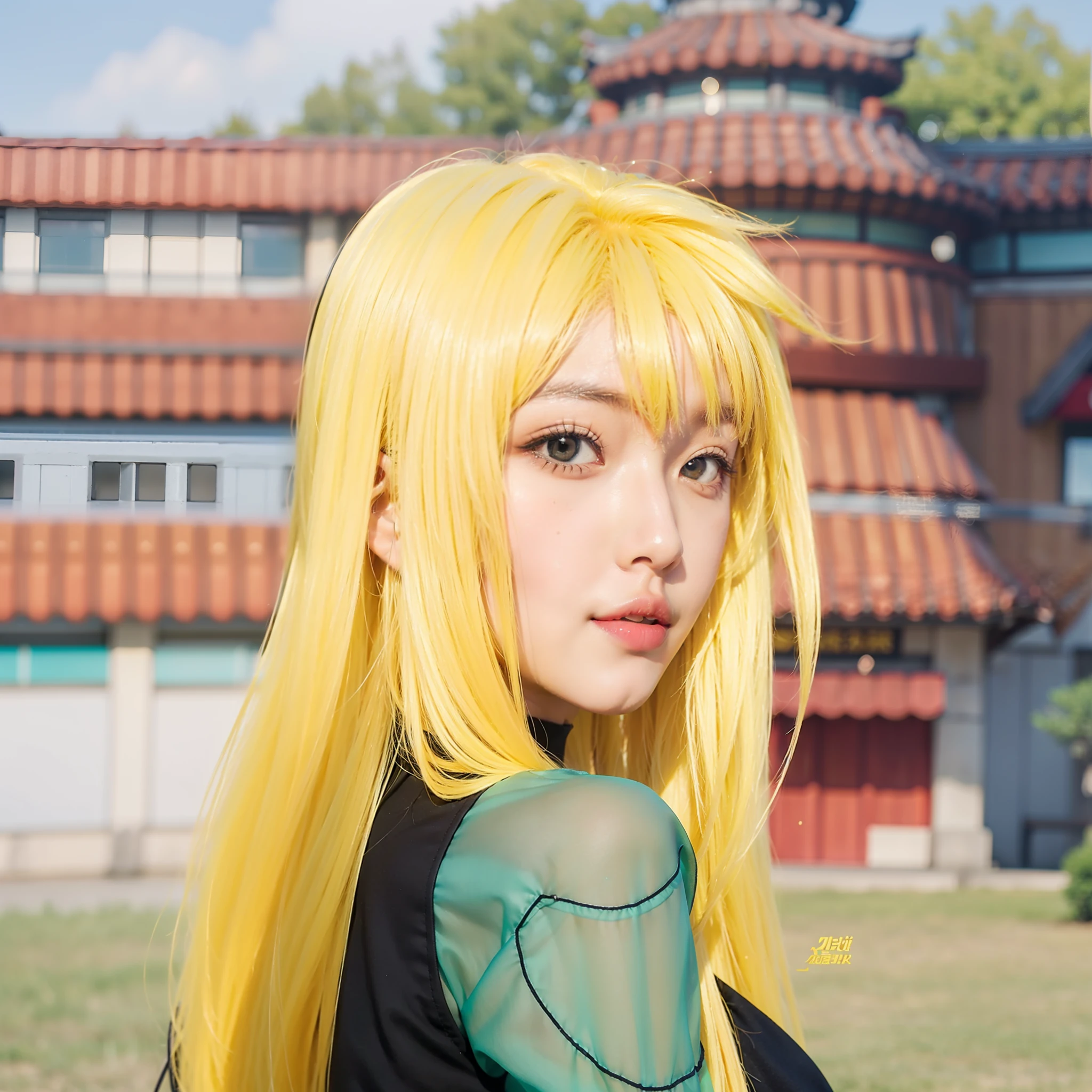 neon city, long hair, cyber punk, school girl, green hair, Beautiful collarbone, smile