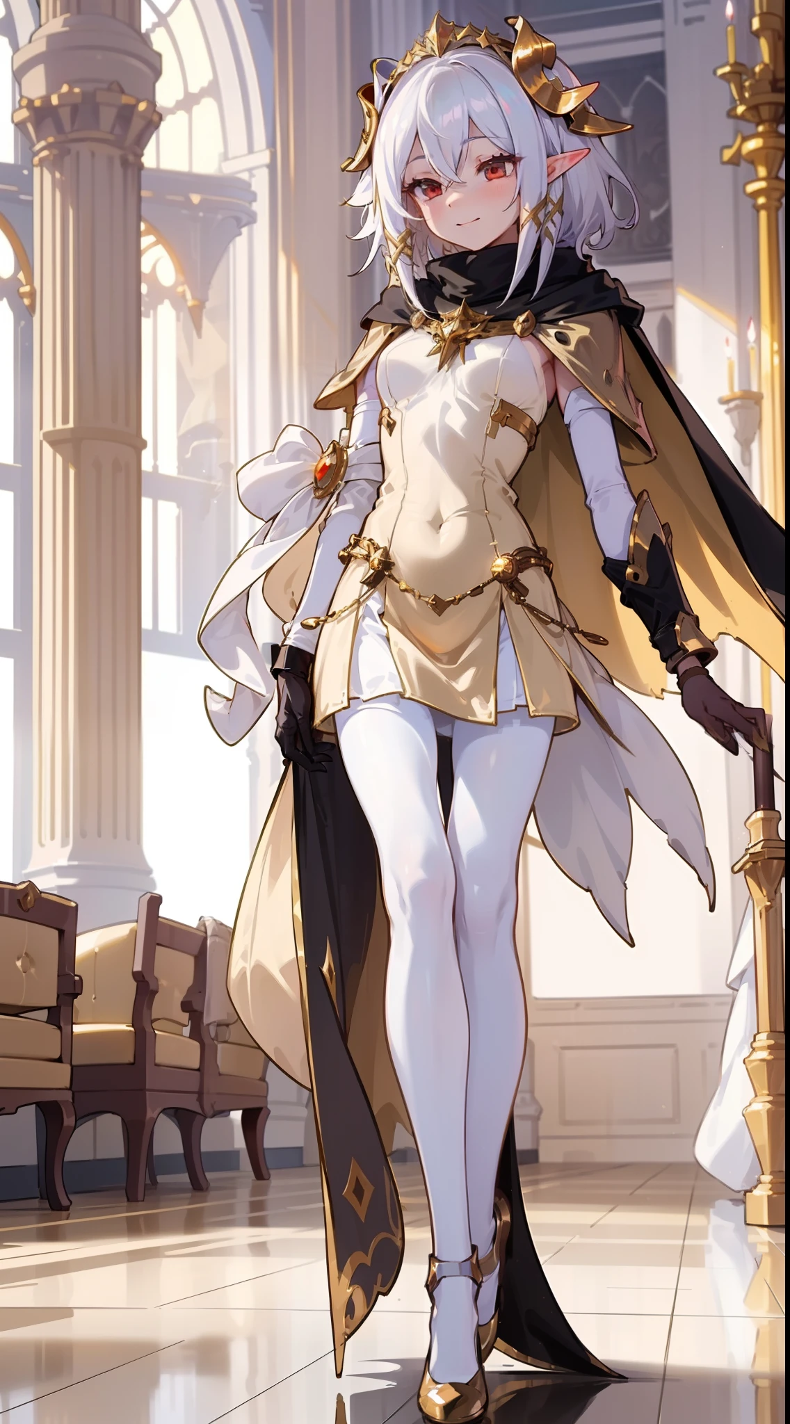 1girl,20 years,solo,happy,white and golden short dress,medium tits,white hair,short hair,red eyes,elves ears,white pantyhose,golde tiara,Detailed ,gold high heels,Luxurious Gold Decoration,(((long cape))),(((walking on a room inside a castle)))