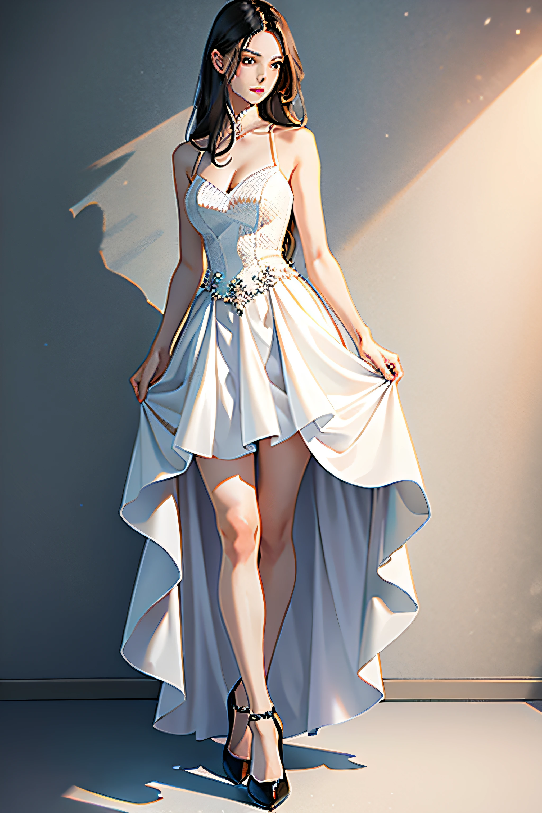 1 girl with pure desire，standing on your feet，wearing evening gown，Charming looking，Feminized facial features，mesmerizing eyes，Straight hair，A calm posture，Porcelain-like skin，Subtle blush，a white wall，ultra - detailed，offcial art，统一 8k 壁纸，2.5D thick coating，Characters shrink，fully body photo，Wear high heels