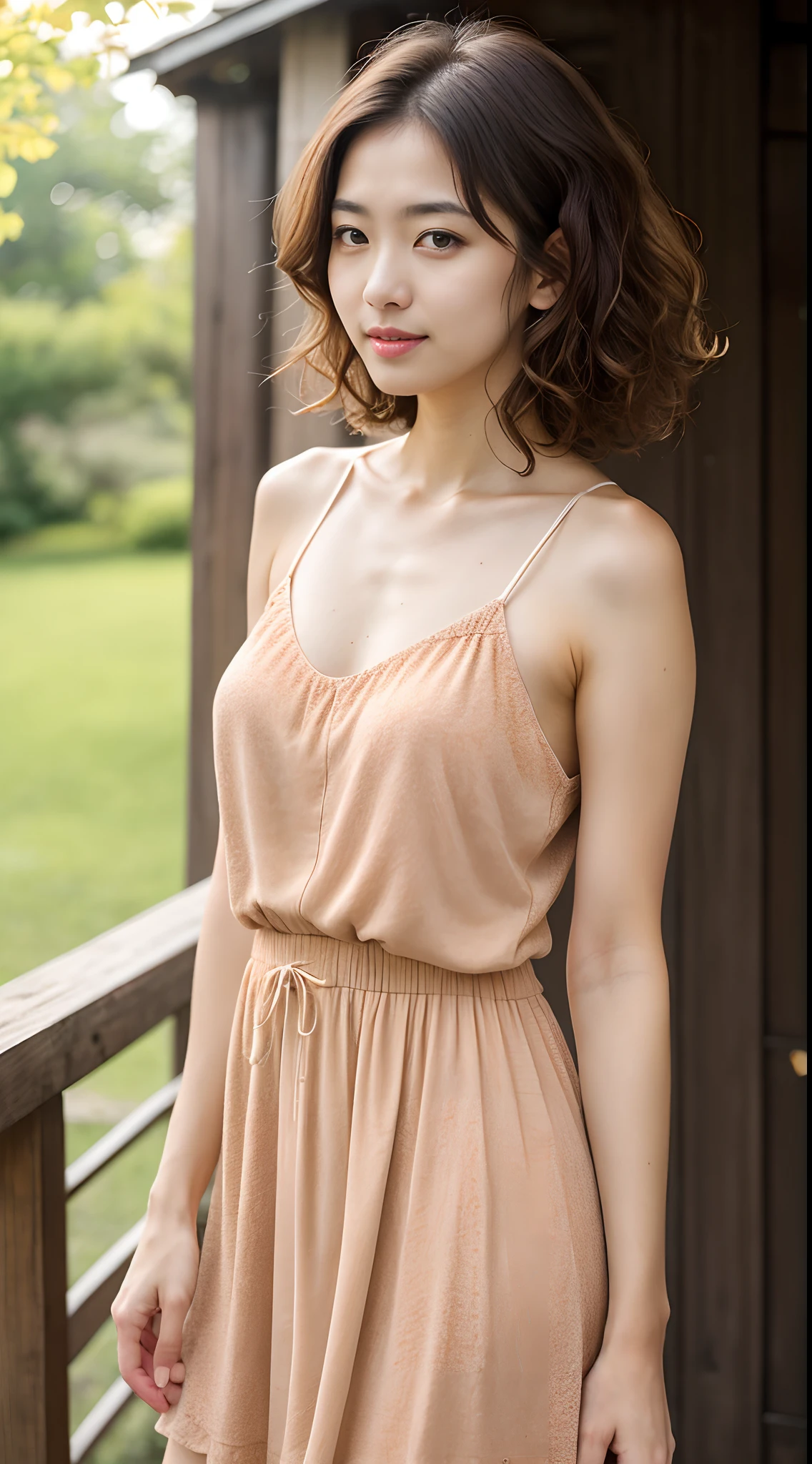 ((((detailed explanation)))),(((masterpiece、Highest quality、Very detailed:1.42、Focus on the eyes)))、Female in her late s、Portraiture、Blurred cityscape at dusk、Silhouette of buildings and street lights Long dark brown hair、natural wavy curls、The wind is blowing softly、Hair hanging down the sides of the face、Skin is smooth、Healthy olive color、The tan lines are faintly visible、Natural redness on the cheeks、I have a few small laugh lines on my forehead...、Eyes with dark brown irises、The pupil is shining, Reflect light、Long curled eyelashes、Accentuate the eyes、Eyebrows are thin and trimmed、Natural Arch、Small Nose、straight、straight nose、lips are plump、soft pink lip gloss、Ultra-thin camisole、Barefoot and bare legs、A simple silver bracelet on her right wrist、A small diamond earring sparkles in her left ear.....、The expression is calm、Be confident、smile、(((Emphasize the contrast between light and shadow)))、Realistic textures and facial details