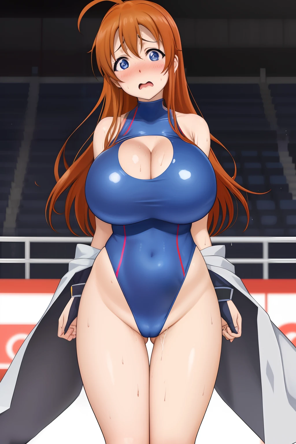 Kousaka honoka, blue eyes, torn leotard, (huge breasts:1.5), facing viewer, embarrassed, afraid, Blushing, ahoge, standing, in arena, sweating