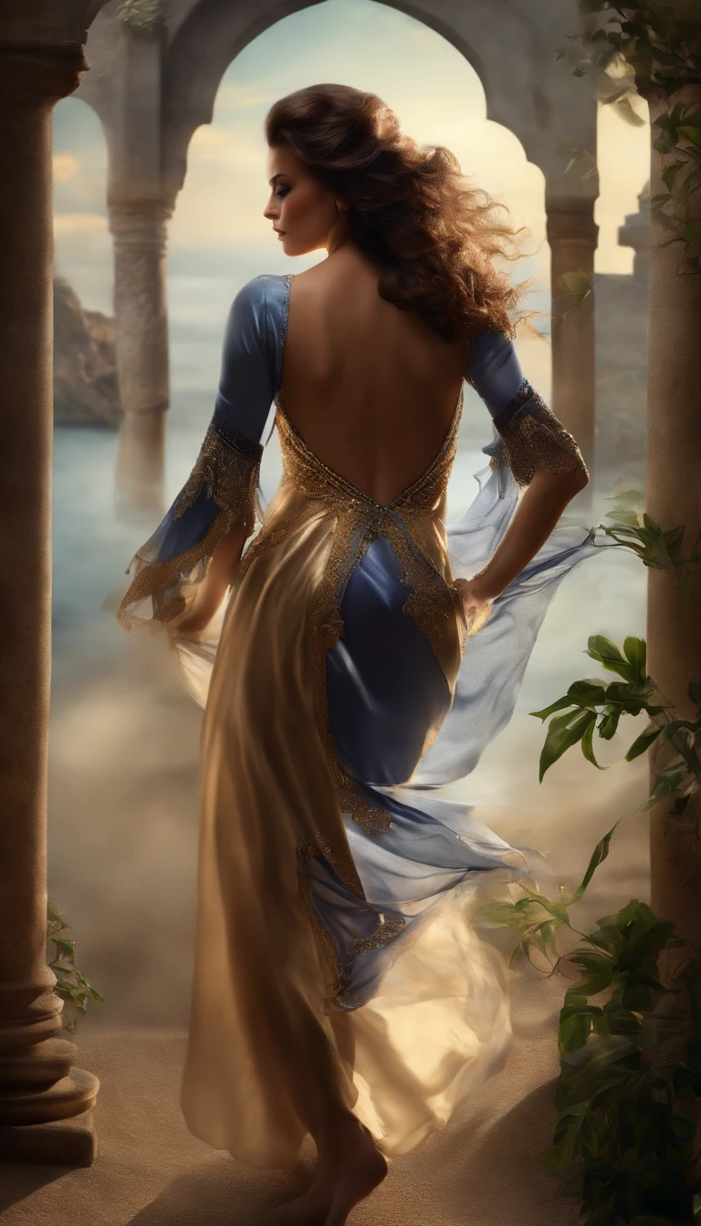 A captivating watercolor painting depicting a mysterious woman draped in silky fabric, partially revealing her enchanting figure. She stands in front of an open door, with the fabric's intricate patterns and folds adding depth to her unique appearance. The dimly lit room casts shadows and highlights, while a silver light from an unseen source further accentuates her silhouette. The painting exudes a sense of intimacy and intrigue, inviting viewers to explore the story behind this enigmatic figure.