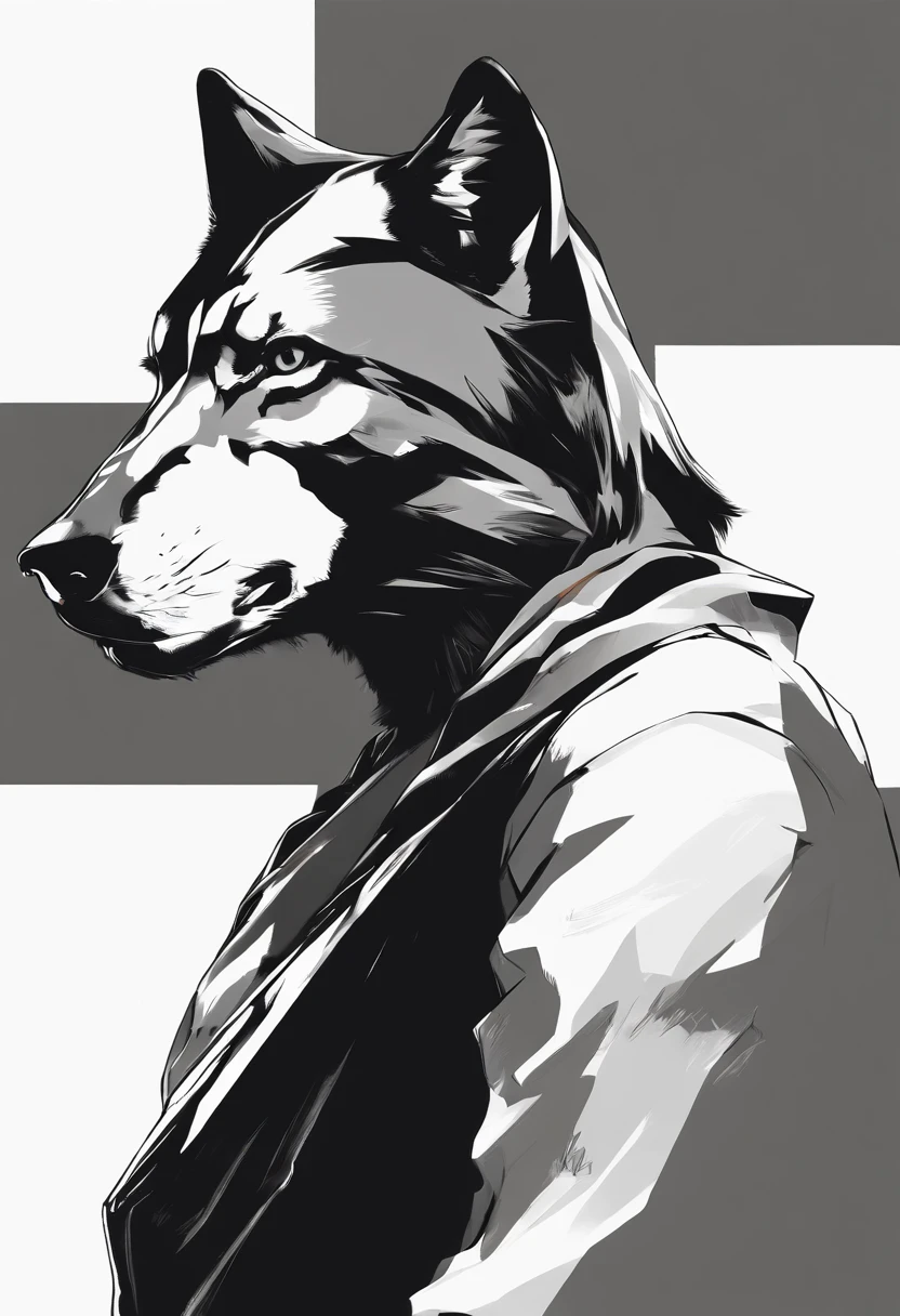 Wolf, style of Yoji Shinkawa, black and white, print, super detailed