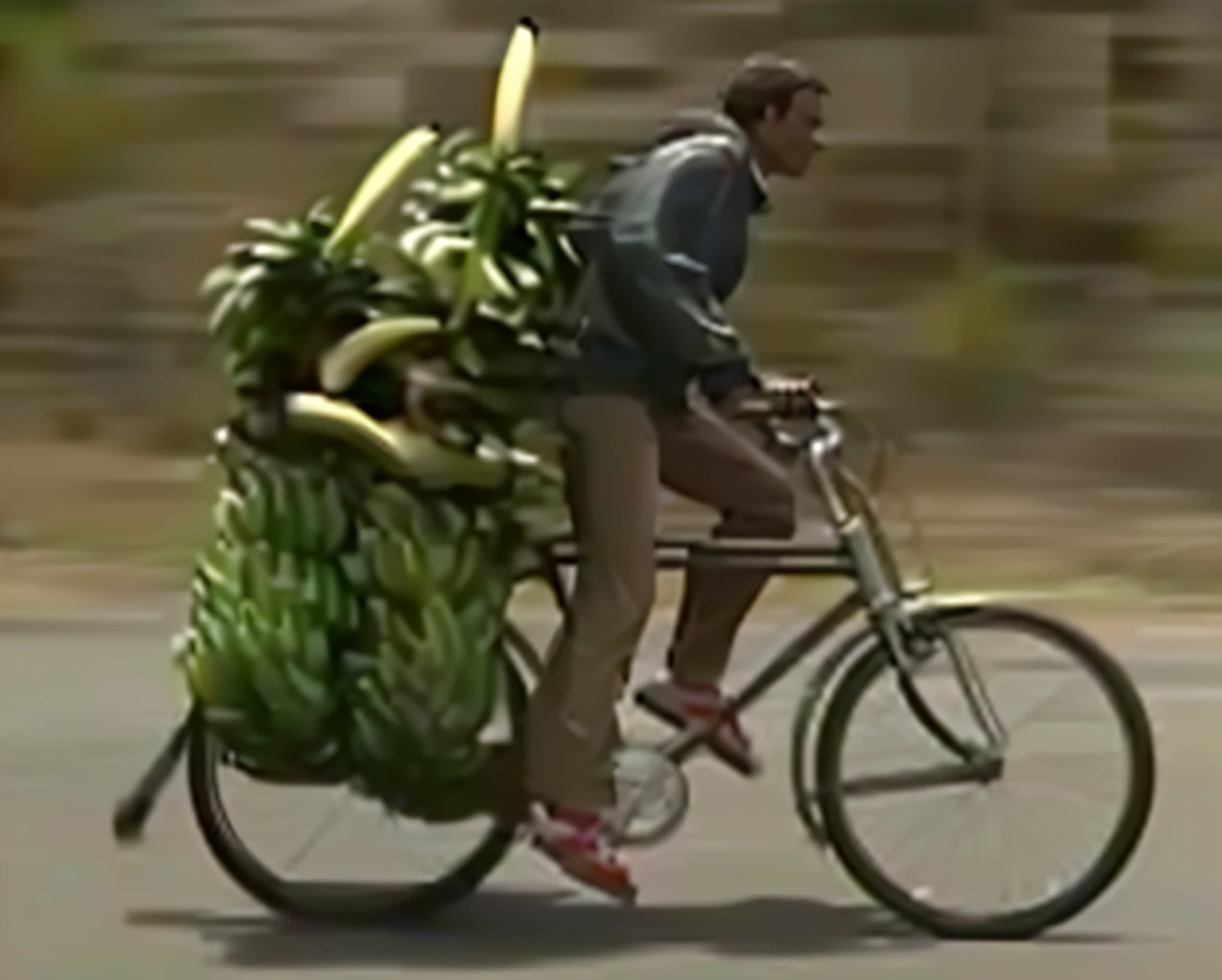 Arafed man riding a bicycle,There is a cartload of bananas in the back, screenshot from the 1983 film, giant bananas natural disaster, Bananas, Classic 8 0 seconds flick movie ), bananas weapon, riding bikes, very kenyan, video still, Bananas, bikes, screenshots from movies, in style of davey adesida, YouTube video screenshots
