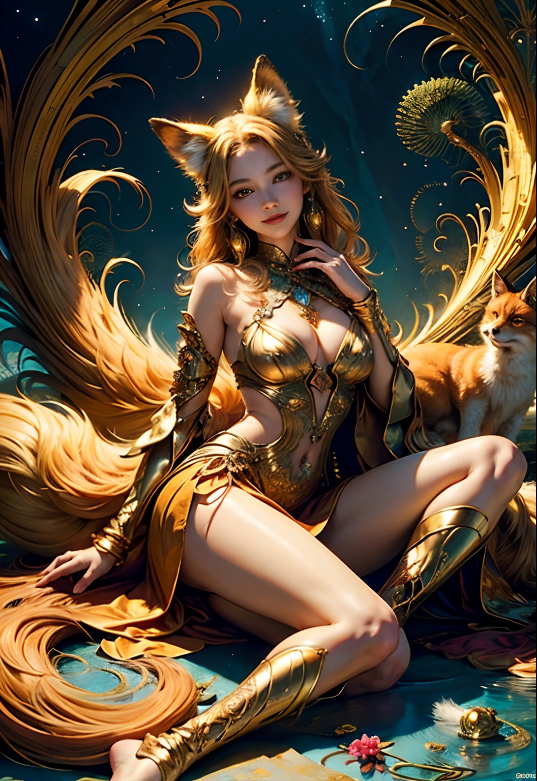 (​masterpiece、top-quality、top-quality、Official art、Beautifully Aesthetic:1.2)、(1girl in)、ighly detailed、(Fractal Art:1.3)、colourfull、highestdetailed　Golden Nine Tail Fox　Golden background　Soft smile　breasts are large　Soft expression　A smile　full body Esbian　Sitting with an inner thigh