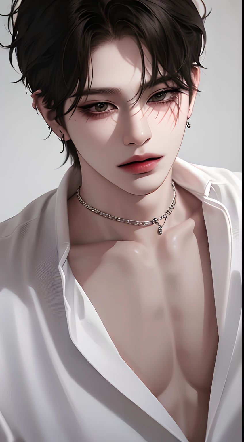 man, handsome, ulzzang, ultra-detailed,hyper details,cinematic light, solo,stand,white studio,black-and-white-filter,front,looking at viewer from front,manhwa-style,unbutton-shirt,tattoo in chest,black-hair,messy-bangs,emo-haircut,model,pose,piercing,ear-rings,necklace, grin, medium-closeup,sensuality-eyes,oversize-clothes.