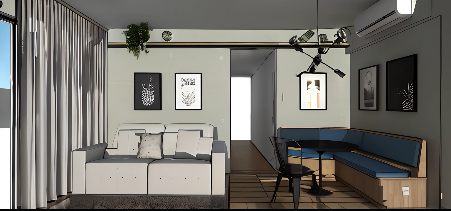 a rendering of a living room with a sofa and a table, concept eclectic, design de apartamentos, dentro de um apartamento aconchegante, 2 d render, Detailed rendering, detalhes do design de interiores, 3d final render, 3 d finalrender, Apartamento com paredes pretas, sala de estar interior, Casa Conceito, detailed 3d render, detailed 3d render, conceito realista, furniture concept photo!!