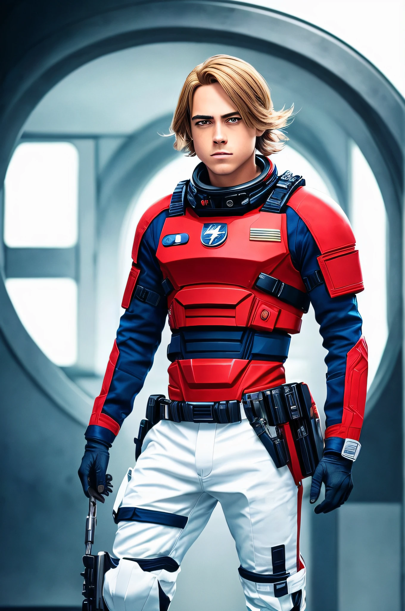 Homem bonito, ((cabelo vermelho)), (cabelo muito longo), ((Homem de 22 anos)), estilo alta fantasia, (Traje futurista), futurista, science fiction, ((fotorrealista)), ((super realistic dash)), ((Ultra Detalhado)), foco nítido, ((retrato)), scientific fiction, atletic, Tema almirante espacial, (estilo Cole Sprouse)