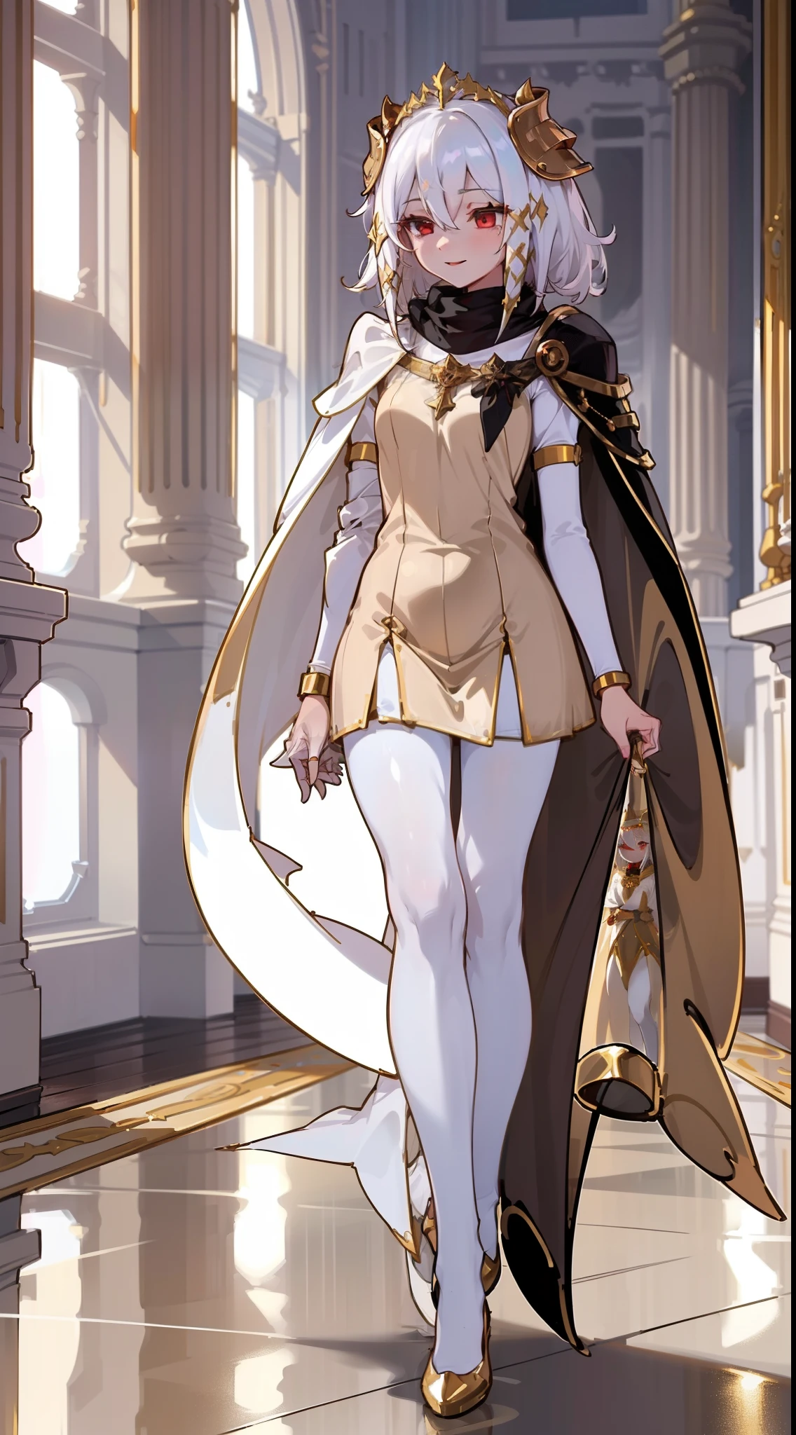 1girl,20 years,solo,happy,white and golden short dress,medium tits,white hair,short hair,red eyes,elves ears,white pantyhose,golde tiara,Detailed ,gold high heels,Luxurious Gold Decoration,(((long cape))),(((walking on a room inside a castle)))