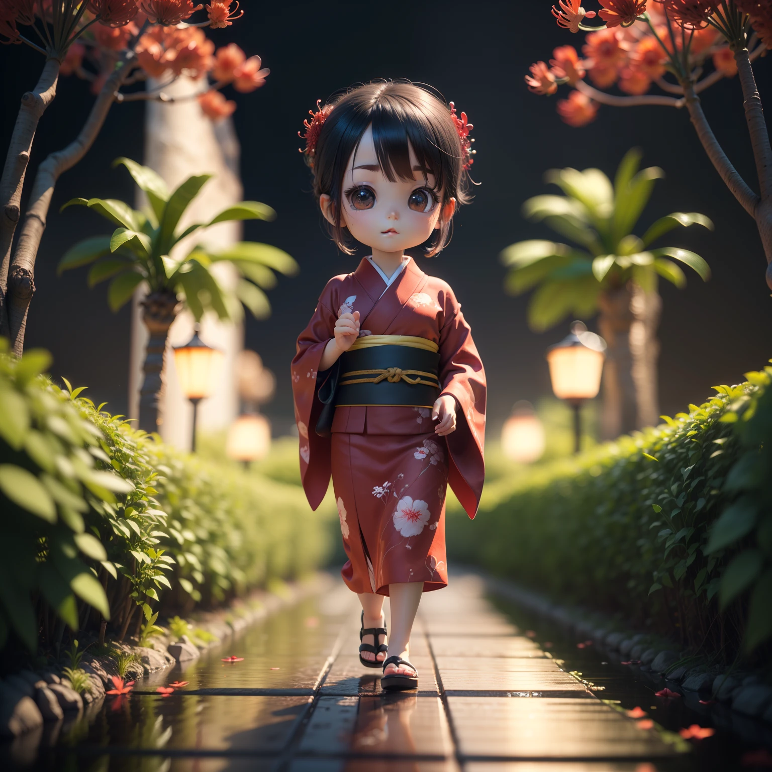 Cute  Chibi Anime、(((chibi3d))) (best quality), (masterpiece)、red kimono,
(outdoor:1.2), (Red spider lily: 1.4)
(She walks along the dimly lit path of the riverbank.:1.2)A detailed face、Small face、Detailed details、Standing