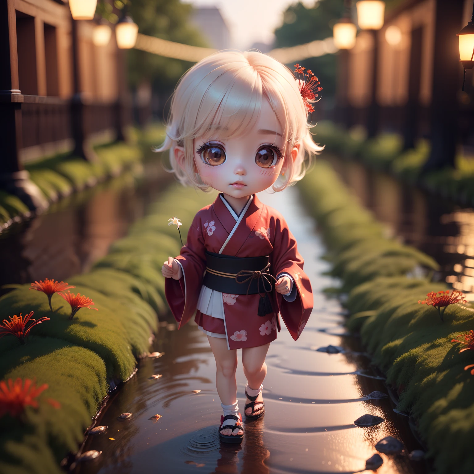 Cute Baby Chibi Anime、(((chibi3d))) (best quality), (masterpiece)、red kimono,
(outdoor:1.2), (Red spider lily: 1.4)
(She walks along the dimly lit path of the riverbank.:1.2)A detailed face、Small face、Detailed details、Standing