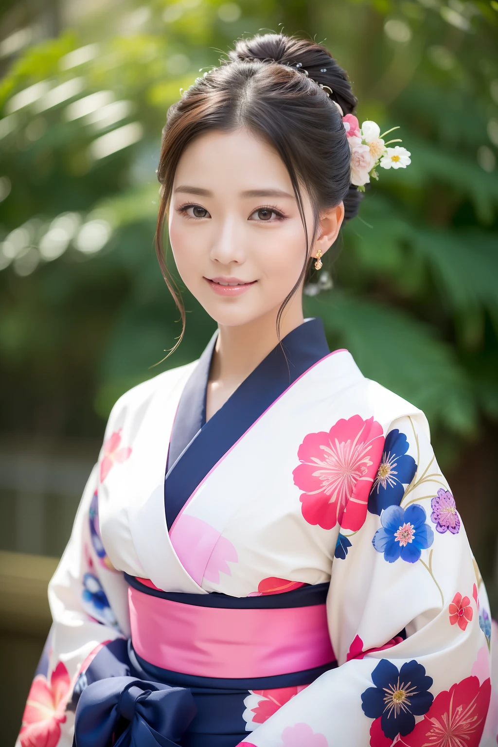 20 years girl、Furisode、Kimono、Flashy pattern、A slight smil、Flower garden、Beautuful Women、((top-quality、8K、masterpiece:1.3))、foco nítido:1.2、An ultra-high picture quality、top-quality、masterpiece、realistic