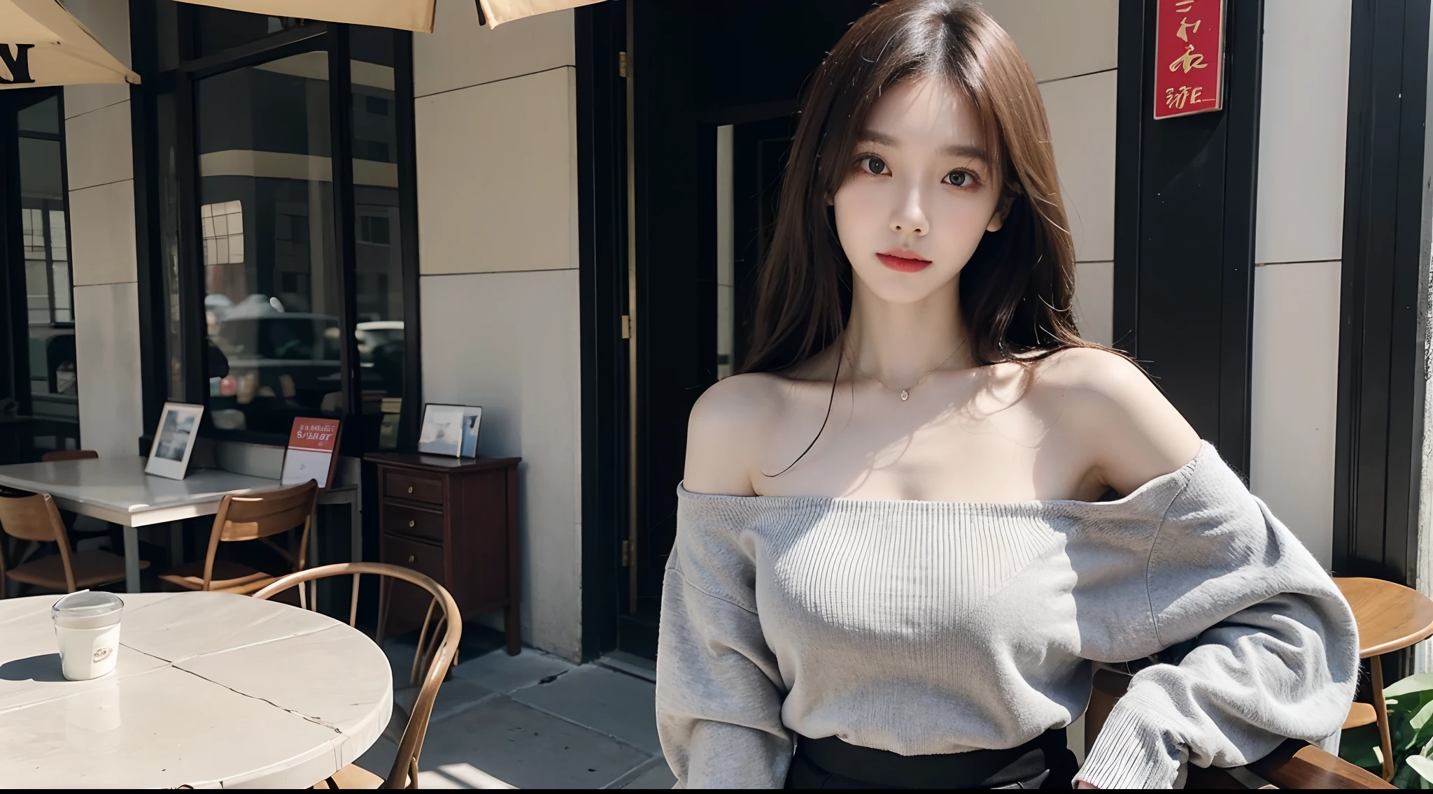 (High-resolution 8K raw photos are realistic,best qualtiy)，Fashion trendy beautiful and charming woman，gentle and charming Chinese beautiful woman，Korea,Kpop idol，delicate and sexy collarbones，charming oval face，二重まぶた，Ingenious[peaches]flower eyes，redish pink lips，small-nose，exposed bare shoulders，focus at face，closeup of face，Hyper-detailing，Blue off-the-shoulder long-sleeved top，White hip wrapped skirt，Light red hair，(cleavage，A half body，Close-up，Solo)，Lace，lacing，head gear， Fresh and impressive， natural color，(pedestrian street，cbd,rays of sunshine，outside，Stone table，LV shoulder bag for women，cellular phone)，Front light