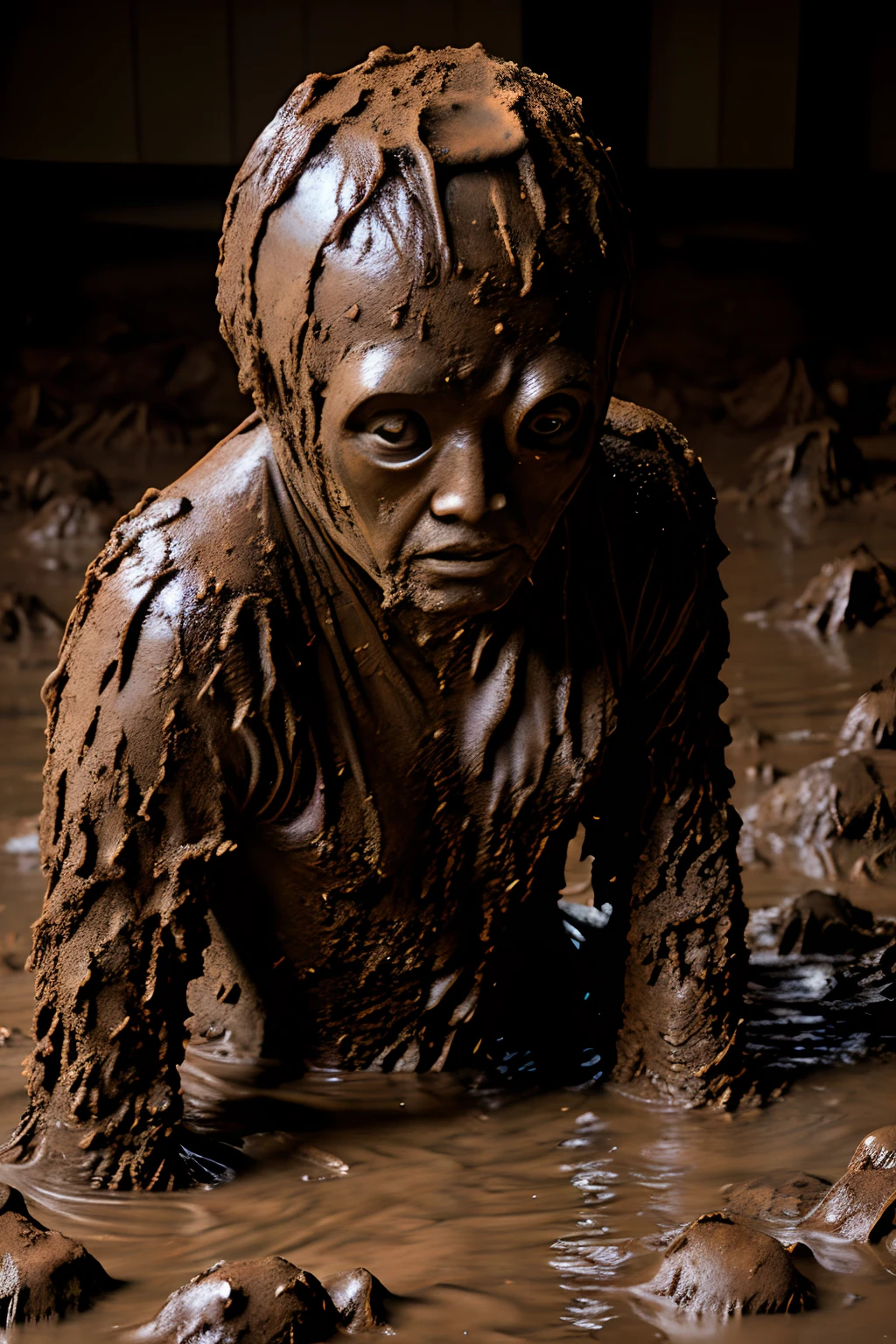 a muddy creature, no face, clingy, sticky, in a dark room, haunted, standing in a slop of mud