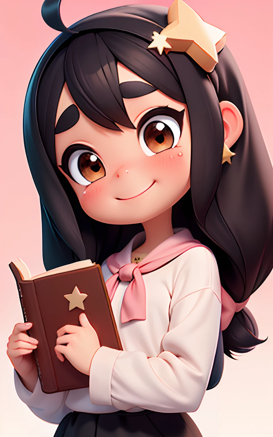pixar, hijab girl, hold a book, brown eyes, star hair ornament, hair ornament, blush, bow, star (symbol), looking at viewer, ahoge, smile,, long sleeves, head rest, solo, child, thick eyebrows, white shirt, 8k