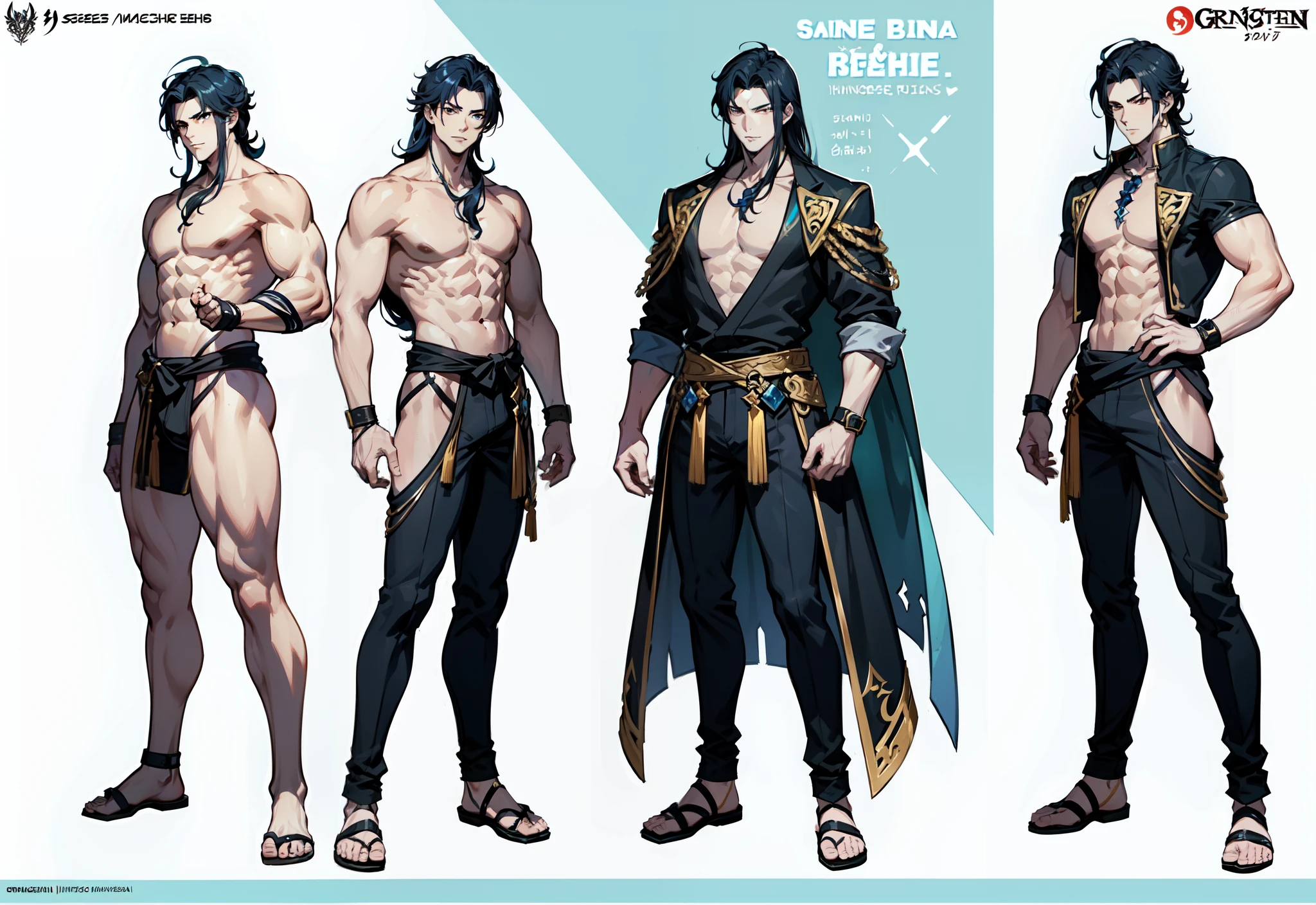 1boy, single, asian boy, in GRANBLUE FANTASY muscle style and Yusuke Murata, reference sheet, character design, front angle, side angle, rear angle, dynamic poses, tall male, muscle tall male, (masterpiece:1.2), (best quality:1.3), ice fantasy outfit, muscle body, athletic muscle body. (Colorful eyes), (long hair), (long bangs), (colorfull hair), (pale skin), (reference sheet:1.5)