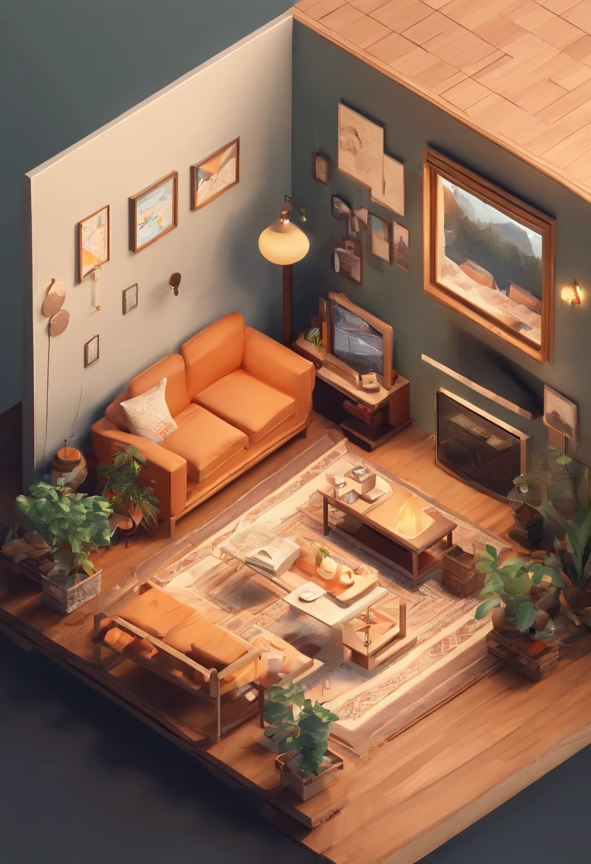 (Isometric perspective:1.5),(Pixar style:1.2), Room, bed, sofa,(small bonsai:0.8),desk lamp, TV, mural, 3D,Disney,Panoramic photo,White background, solid background,Global illumination, raytracing, modeling,HDR,octane render,unreal render,behance,dribbble,artstation,best quality, 8k,