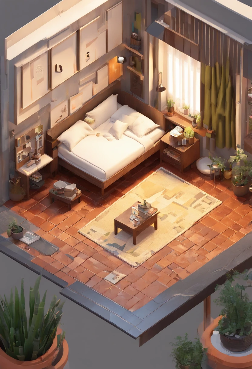 (Isometric perspective:1.5),(Pixar style:1.2), Room, bed, sofa,(small bonsai:0.8),desk lamp, TV, mural, 3D,Disney,Panoramic photo,White background, solid background,Global illumination, raytracing, modeling,HDR,octane render,unreal render,behance,dribbble,artstation,best quality, 8k,