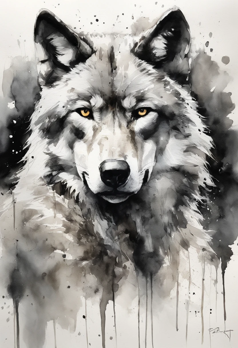 Wolf, style of Yoji Shinkawa, black and white, print, super detailed