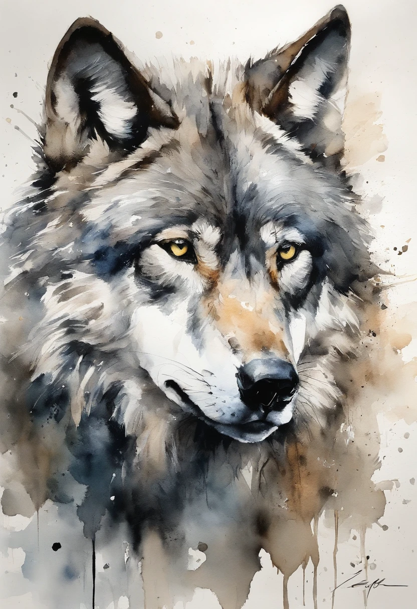 Wolf, style of Yoji Shinkawa, black and white, print, super detailed