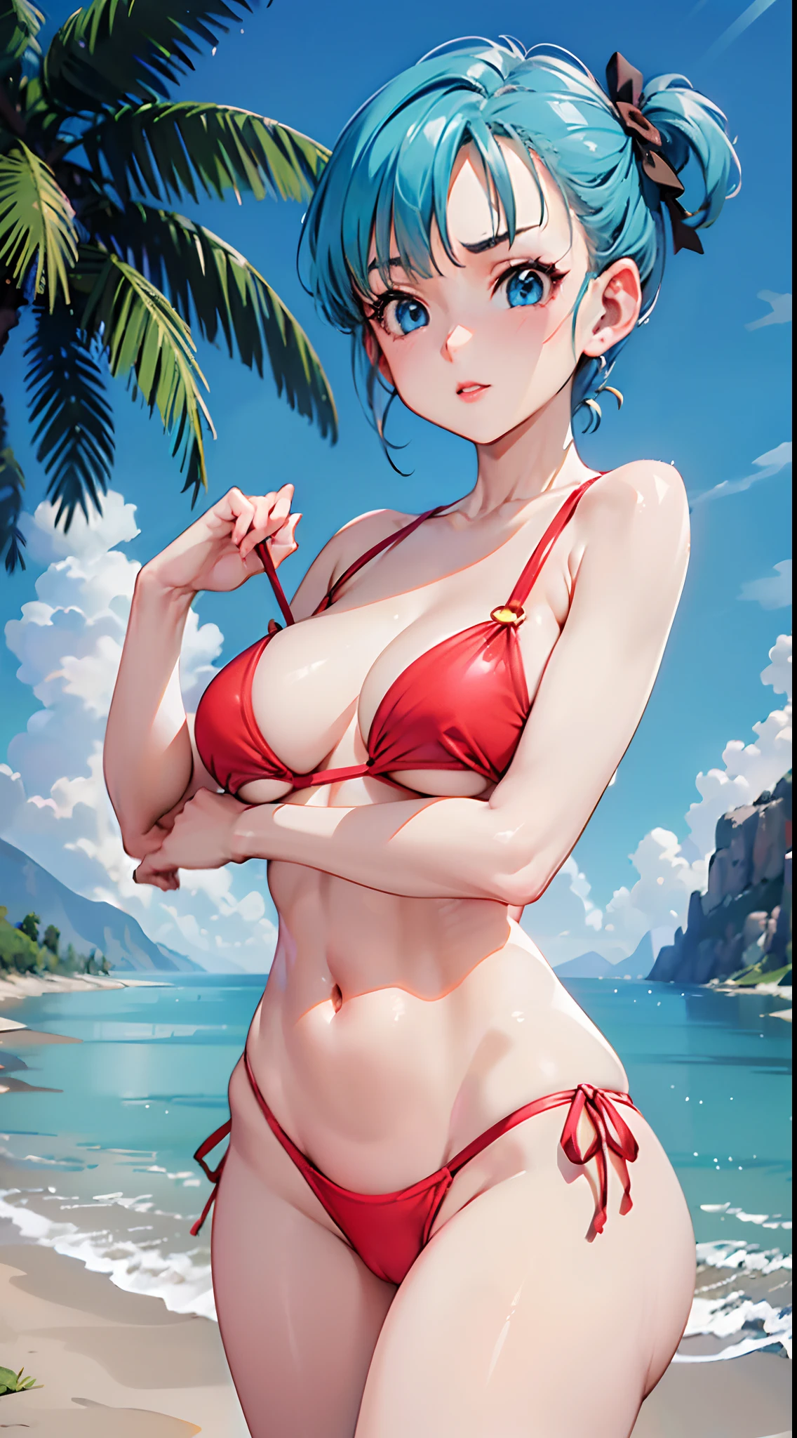 Encontrar, Bulma Dragon Ball, (((biquini))), sozinho, sexy, Seios enormes, decote, massive breasts, green latex bikini, corpo torneado, coxas gramdes , virinha aparecendo, back, de costas, perfect background perfect hands perfect fingers perfect breasts perfect hair perfect face perfect body perfect image ((melhor qualidade)), ((obra-prima)), ((realista)), (detalhado), (fotorrealista (corpo grande) olhando para o espectador, pose casual pose natural, na praia, with blue sky, HDR, ray tracing, NVIDIA RTX, Super-Resolution, Unreal 5, espalhamento subsuperficial, PBR Texturing, Post-processing, anisotropic filtering, profundidade de campo, Maximum clarity and sharpness, rule of thirds, 8K BRUTO, (luminescent particles: 1.4), (CG extremamente detalhado, papel de parede Unity 8K, ..............................3d, cinematic lighthing, Reflexo da lente), reflexos, foco nítido, corpo voluptuoso,