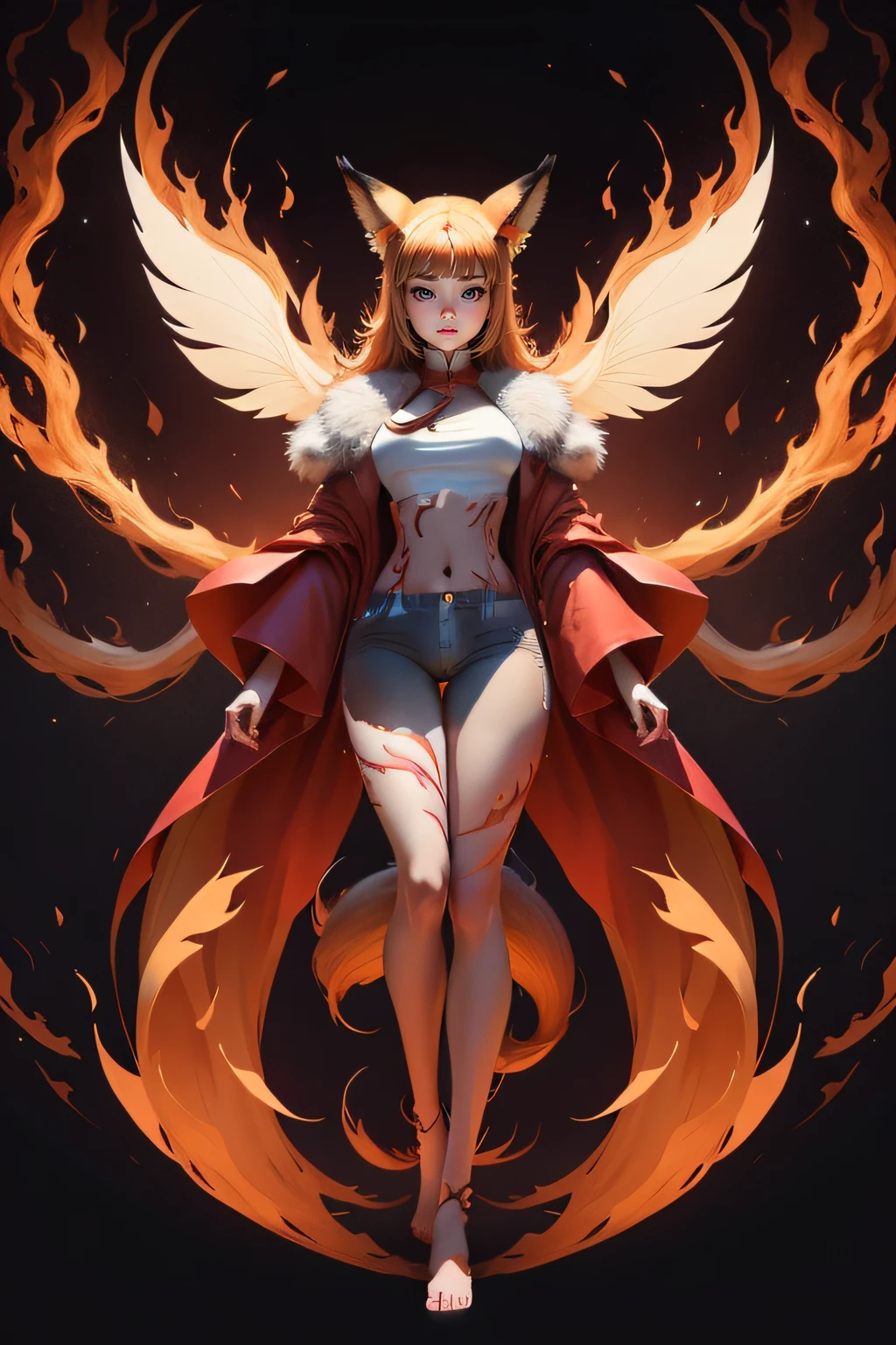 Anime adulte woman, anime style, red hair, detailed beautiful orange eyes, beautiful body, beautiful face, (naked), without clothes, fire hides her body and legs, fire hides breasts, fire hides genital, (with fire phoenix wings), fire background, fire all around the woman, body recovers of flames, from behind angle